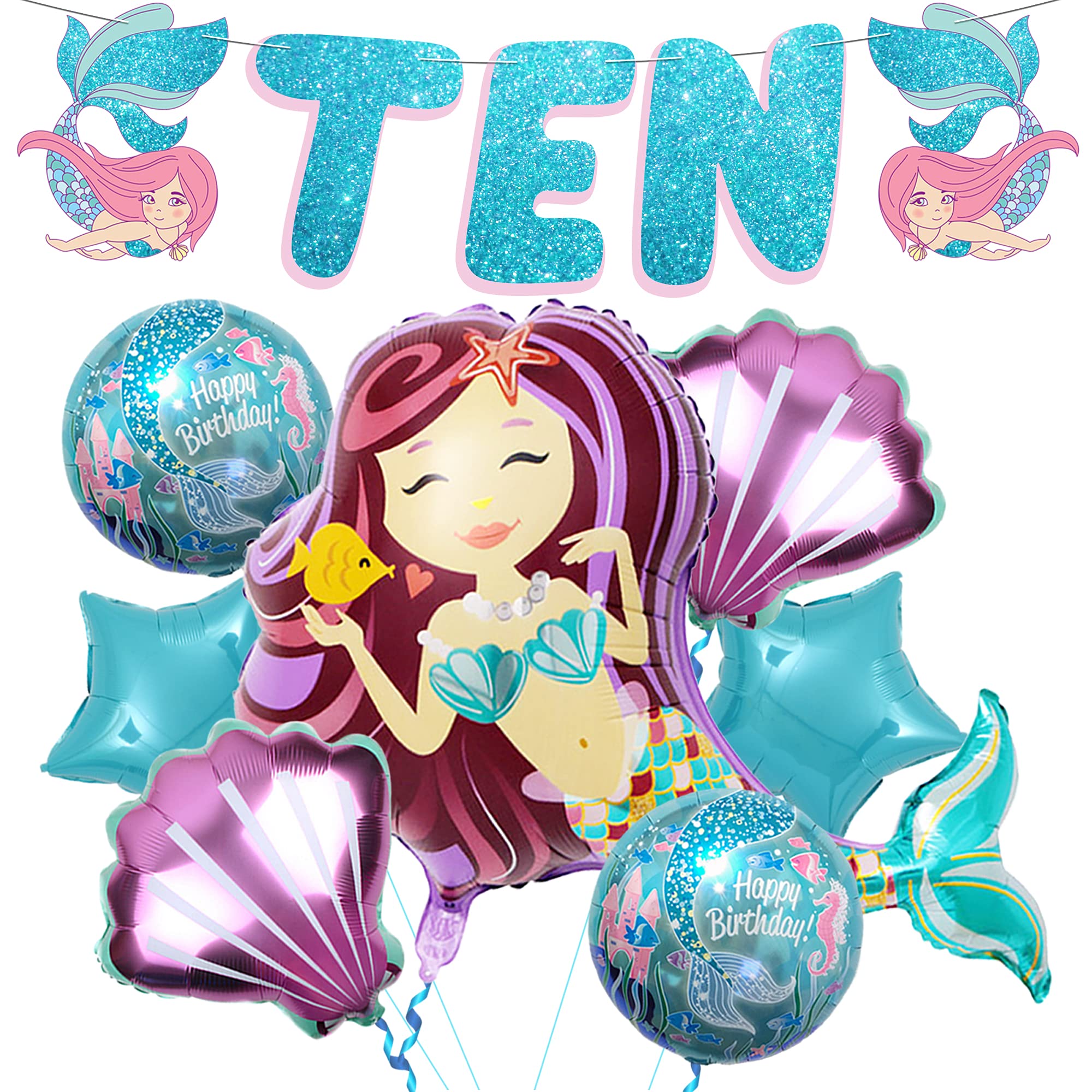 KatchOn Mermaid Birthday Decorations for Girls - 10th Birthday Party Supplies Set of 8 Mermaid Balloons | Perfect for Mermaid Themed Parties, Underwater Decor, and 10 Year Old Girl Celebrations