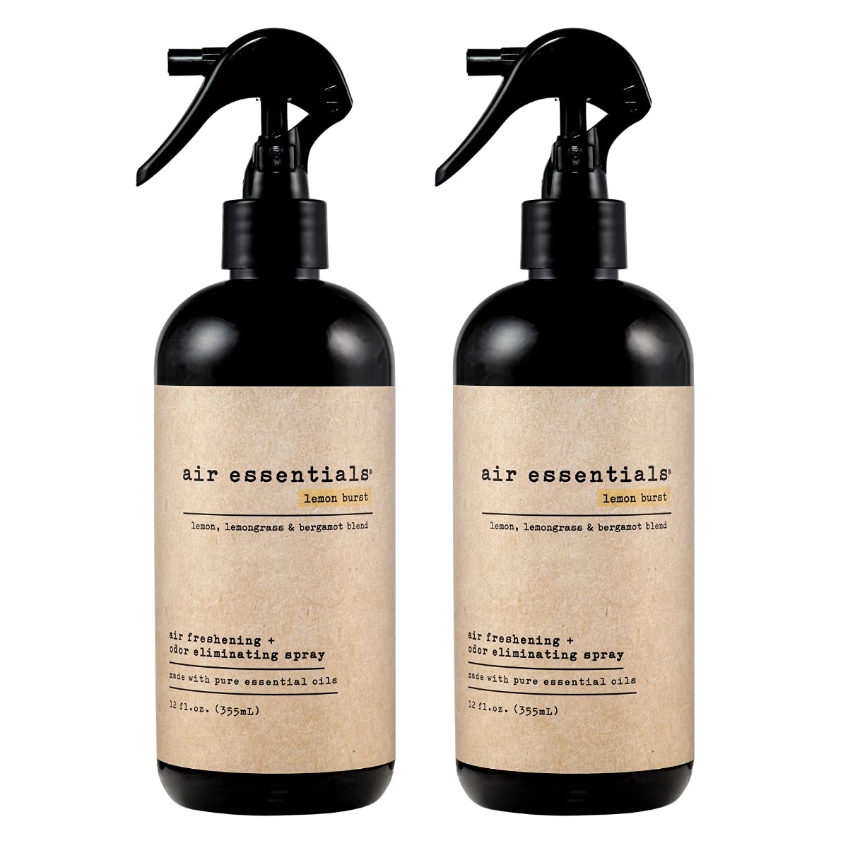 Air Essentials Air Freshener & Odor Eliminator Spray - 12 oz, Pack of 2 - Natural Essential Oil Formula - Lemon Burst Scent for Home, Car, Office & Bathroom