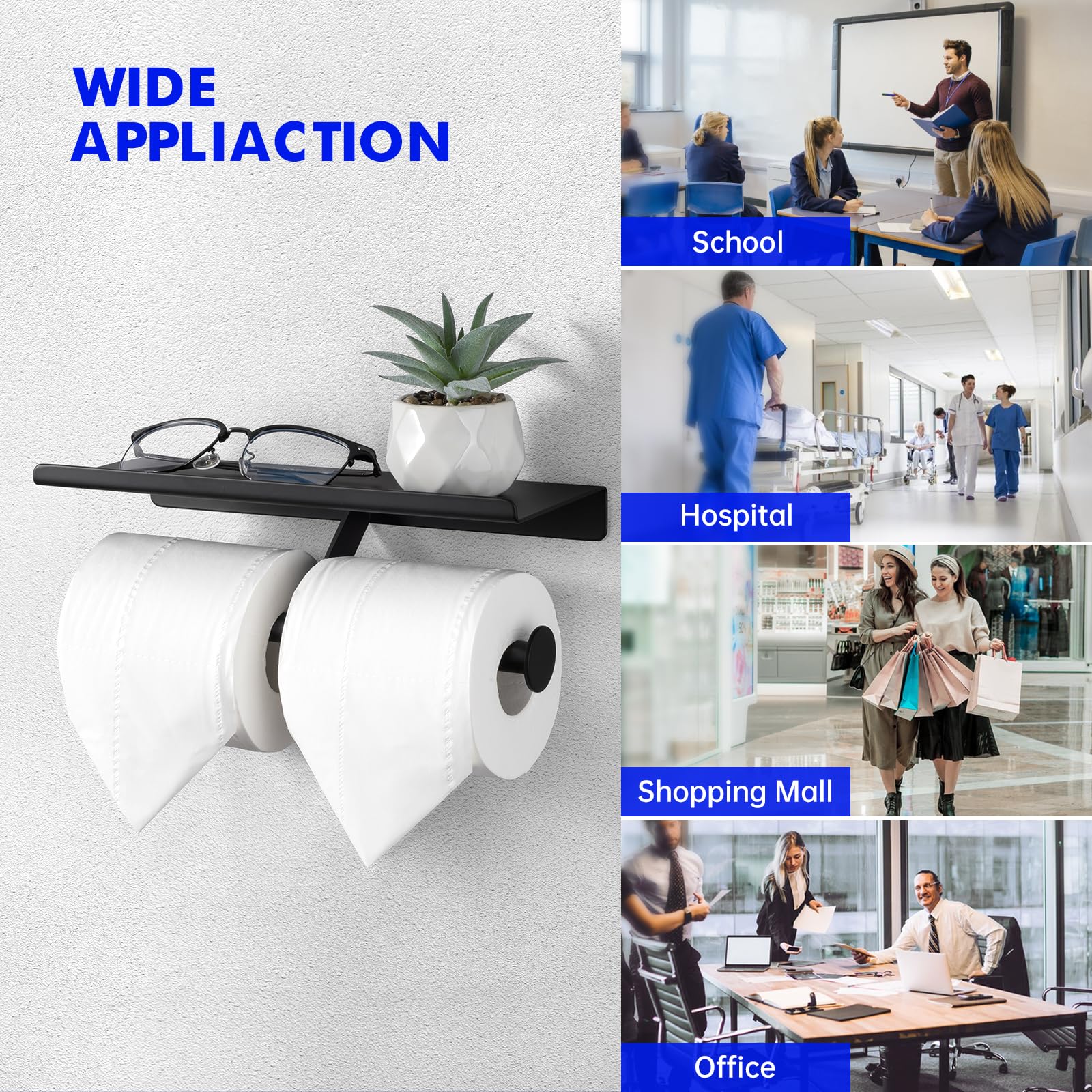 Double Toilet Paper Holder with Shelf - Stainless Steel Wall Mount Commercial TP Roll Holder for Bathroom & Restroom - Matte Black - Perfect for High Traffic Areas & Modern Home Bathrooms