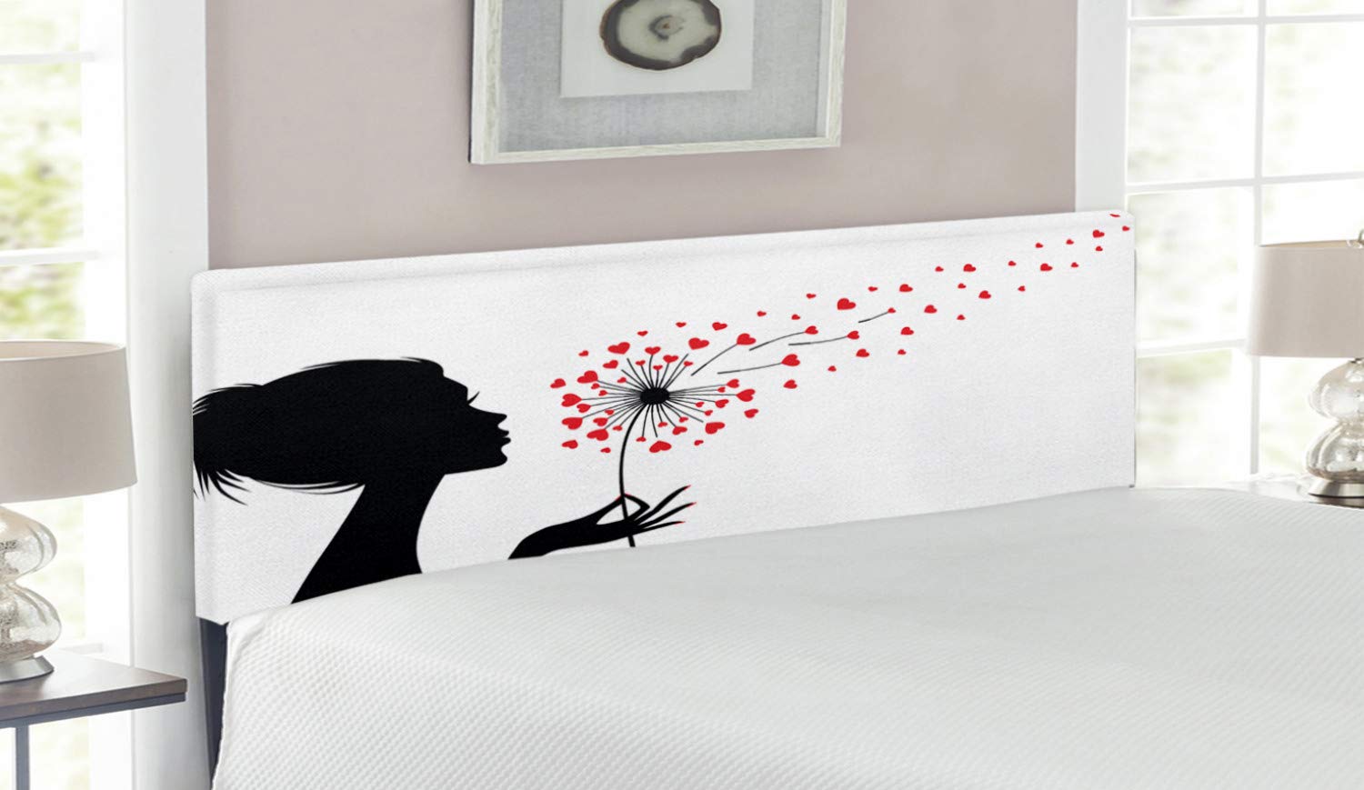 Ambesonne Dandelion Upholstered Headboard - Queen Size Metal Bed Frame with Memory Foam, Valentines Day Themed Woman Silhouette Heart Design in Vermilion Black White - Perfect for Master Bedroom Decor & Romantic Bedroom Makeover