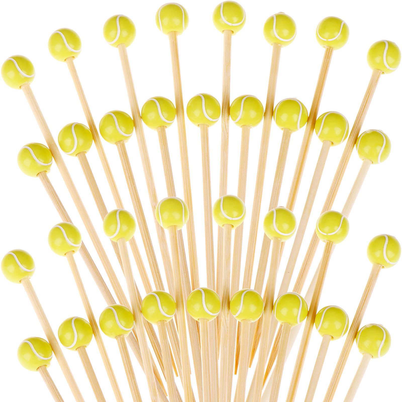 100-Piece 4.7 Inch Bamboo Cocktail Picks with Sports Ball Ends - Wooden Decorative Skewers for Appetizers, Fruits, and Party Foods - Perfect for Tennis Themed Parties, BBQ Gatherings, and Wedding Receptions