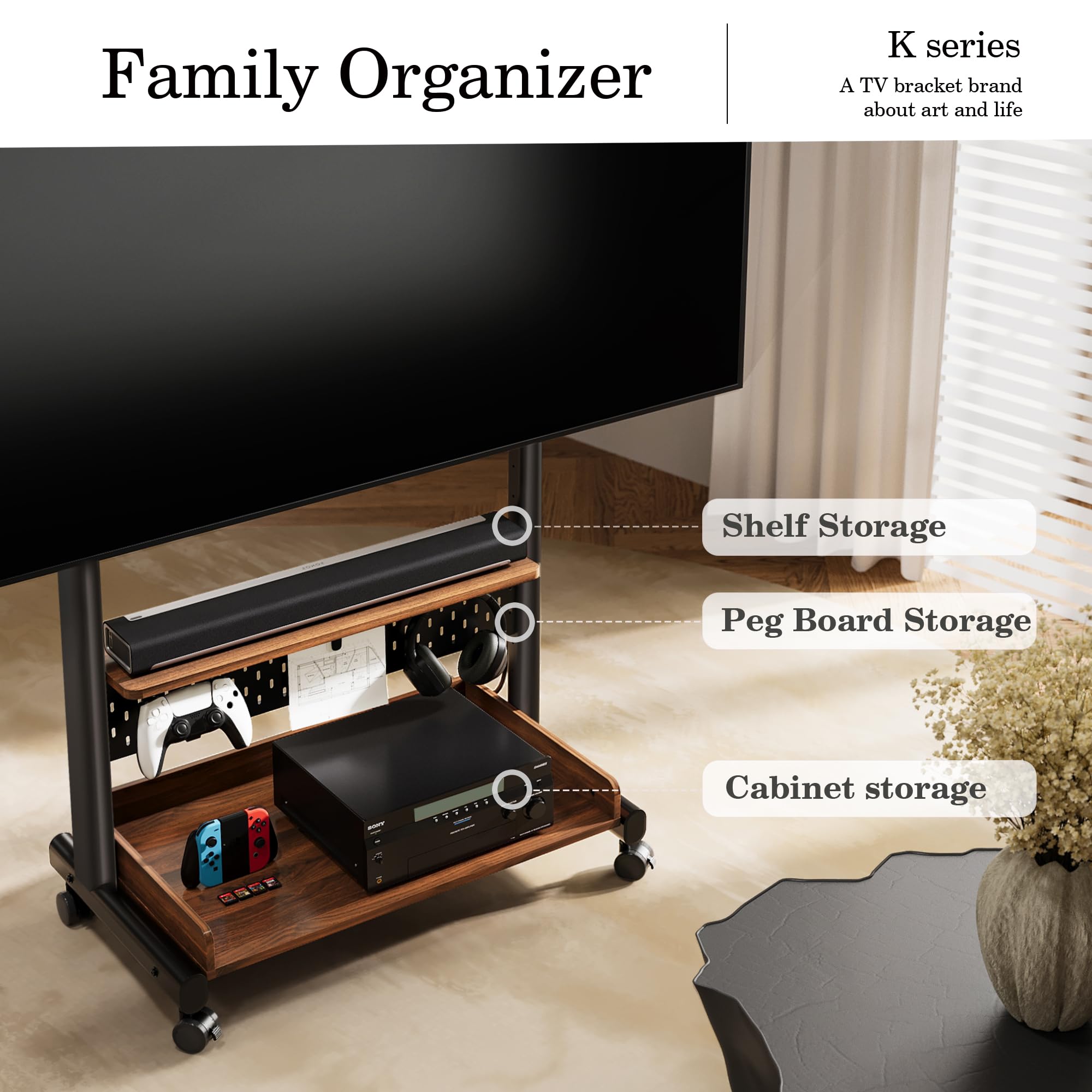 FITUEYES Universal TV Stand with Wheels for 40-85 Inch LED LCD Flat Screen TVs - Corner TV Stand with Storage Shelves, Peg Board & Wooden Shelf - Perfect for Living Room, Bedroom or Home Theater Setup