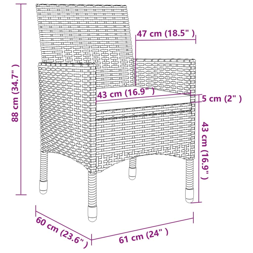 vidaXL 3-Piece Outdoor Patio Dining Set - Weather-Resistant Poly Rattan Furniture with Glass Table & Cushions - Perfect for Garden, Backyard, Poolside or Balcony Dining