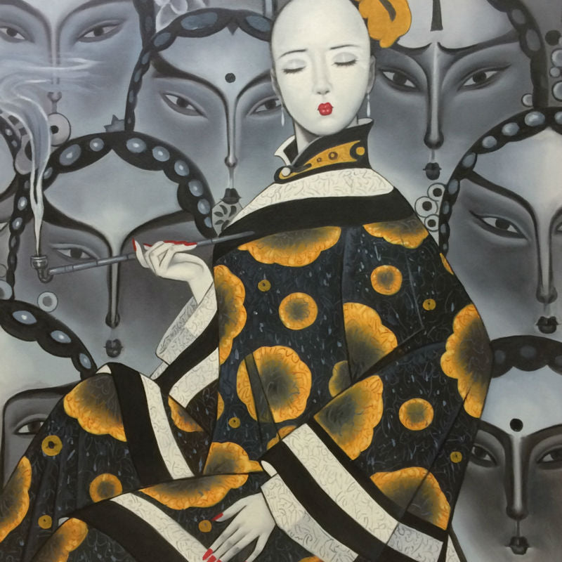 Hand Painted Modern Chinese Contemporary Oil Painting - Peking Opera Woman Portrait on Canvas 90x90cm - Perfect for Home Decor, Office Wall Art & Gift Giving