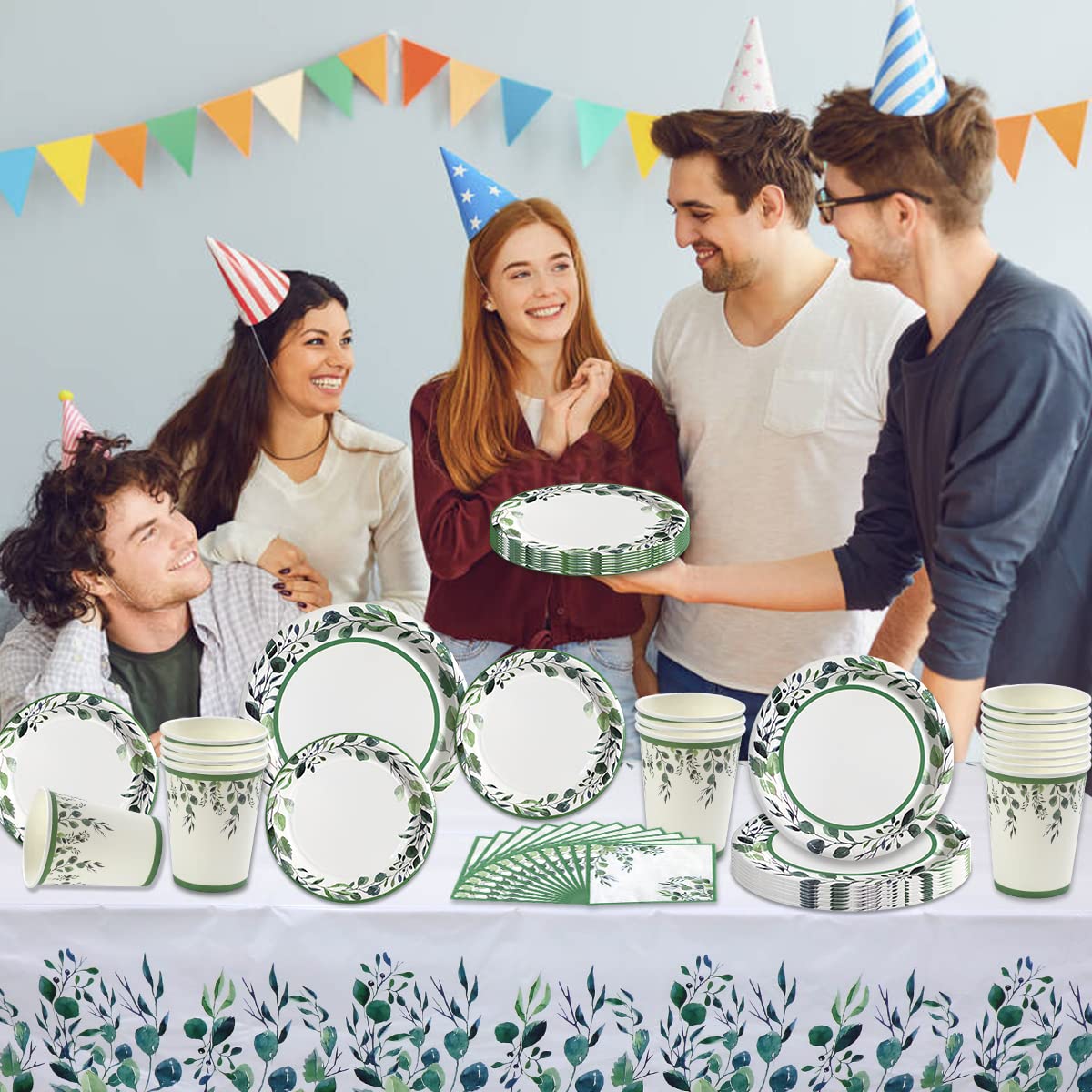 Eco-Friendly Sage Green Party Supplies Set - 16 Disposable Paper Plates, Napkins, Cups & Tablecloth for Birthday, Bridal Shower, Boho & Gender Reveal Parties - Perfect for Greenery Themed Events & Outdoor Gatherings