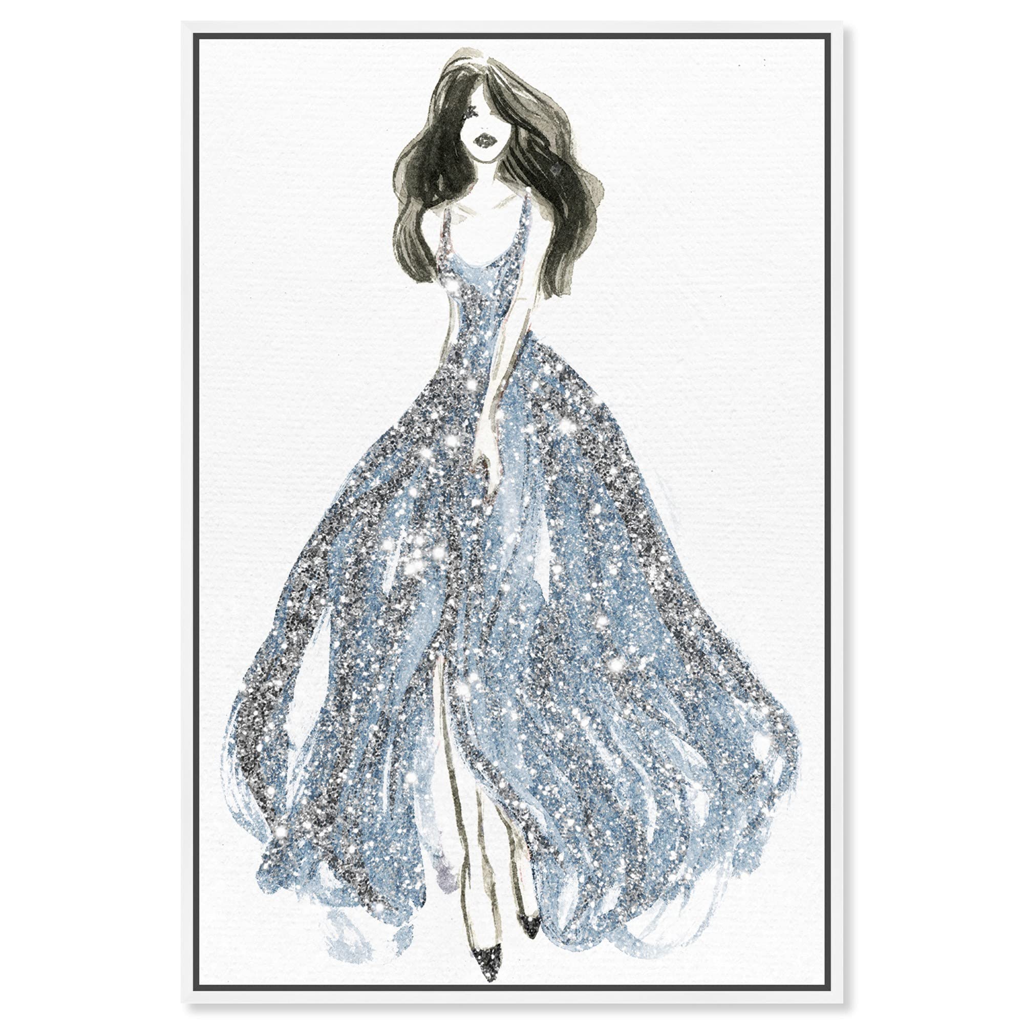 Oliver Gal Artist Co. Fashion Glam Wall Art Canvas Print - Elegant Blue Dress Spring Home Decor - 24x36 Inch White Framed Artwork for Living Room, Bedroom & Office Decor