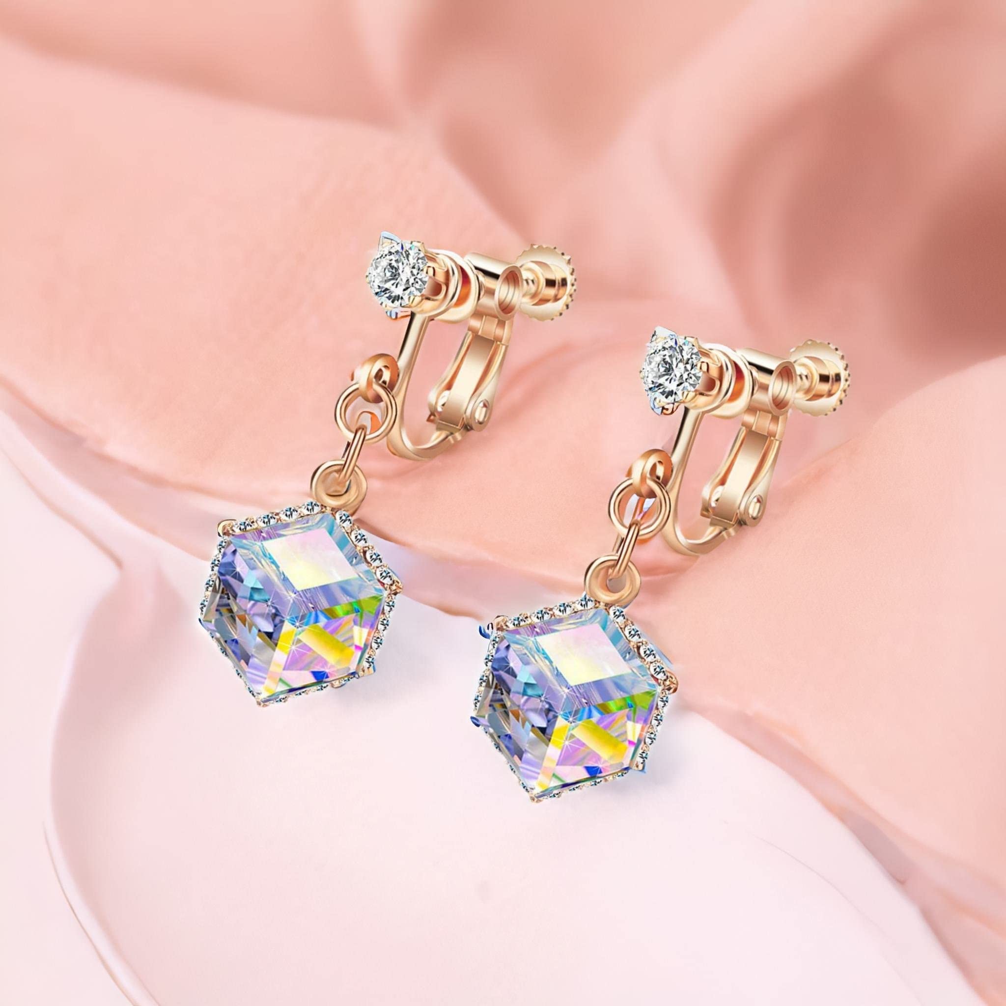 Austrian Crystal Drop Clip-On Earrings for Women - 14K Rose Gold Plated Hypoallergenic Non-Pierced Dangle Earrings | Perfect for Weddings, Parties & Special Occasions