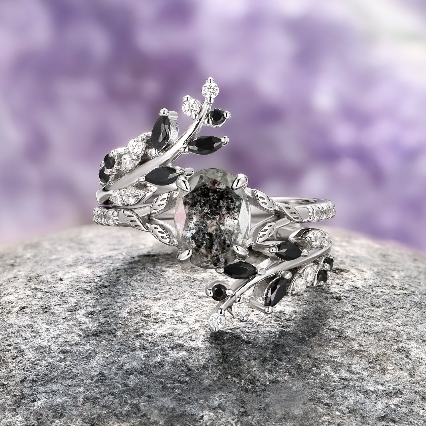 **Herkimer Diamond & Meteorite Couples Ring – Galaxy Salt & Pepper Wedding Band for Men & Women – Perfect for Anniversaries, Engagements & Unique Gifts**