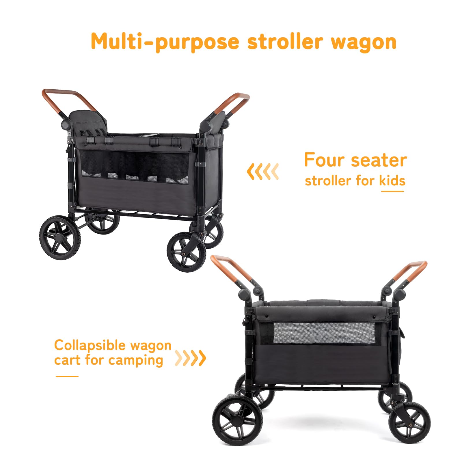 **4-Seater Foldable Stroller Wagon for Kids - Adjustable Handle, Canopy, Organizer & 5-Point Safety Harness (Black) - Perfect for Family Outings, Beach Trips & Shopping**