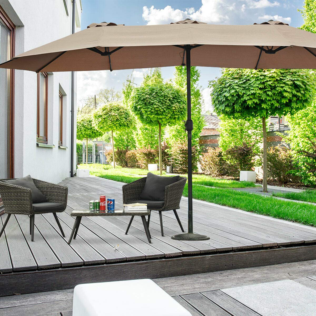 Tangkula 15 Ft Double-Sided Patio Umbrella with Crank - Outdoor Market Table Umbrella in Coffee Brown for Backyard, Poolside & Restaurant Use