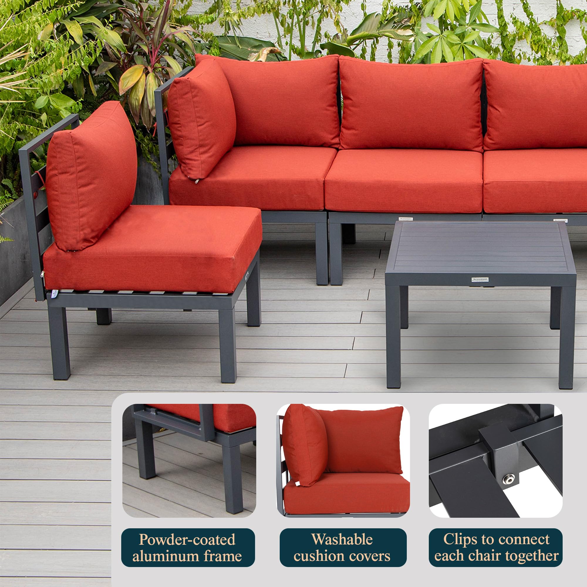 LeisureMod Chelsea 7-Piece Outdoor Patio Conversation Set - Aluminum Sectional Sofa with Weather-Resistant Cushions & Coffee Table (Red) - Perfect for Backyard, Garden, Poolside & Terrace Relaxation