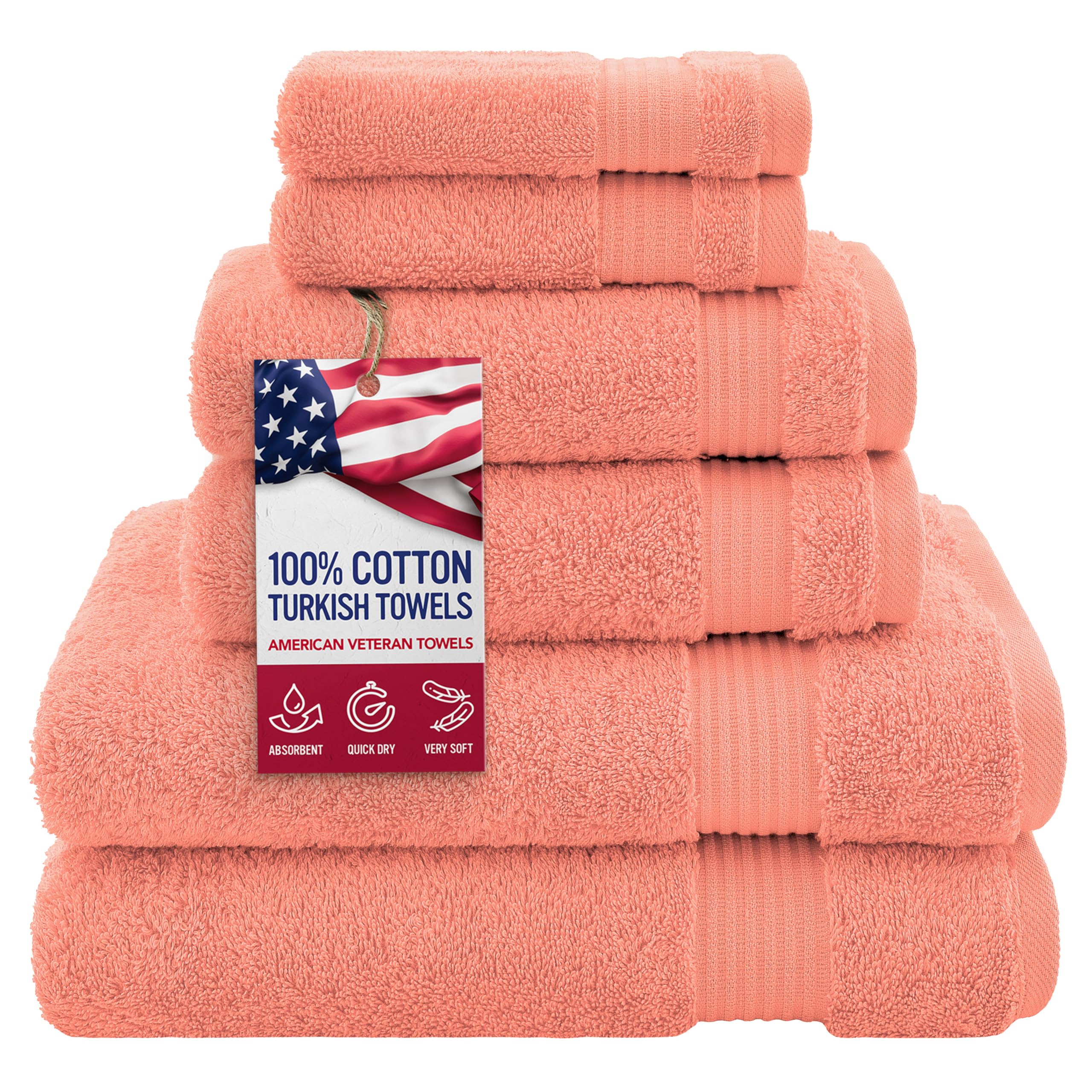 Premium 100% Cotton Turkish 6-Piece Bath Towel Set - Ultra Soft & Absorbent (2 Bath Towels, 2 Hand Towels, 2 Washcloths) - Coral Color - Luxury Bathroom Essentials for Spa, Hotel & Home Use
