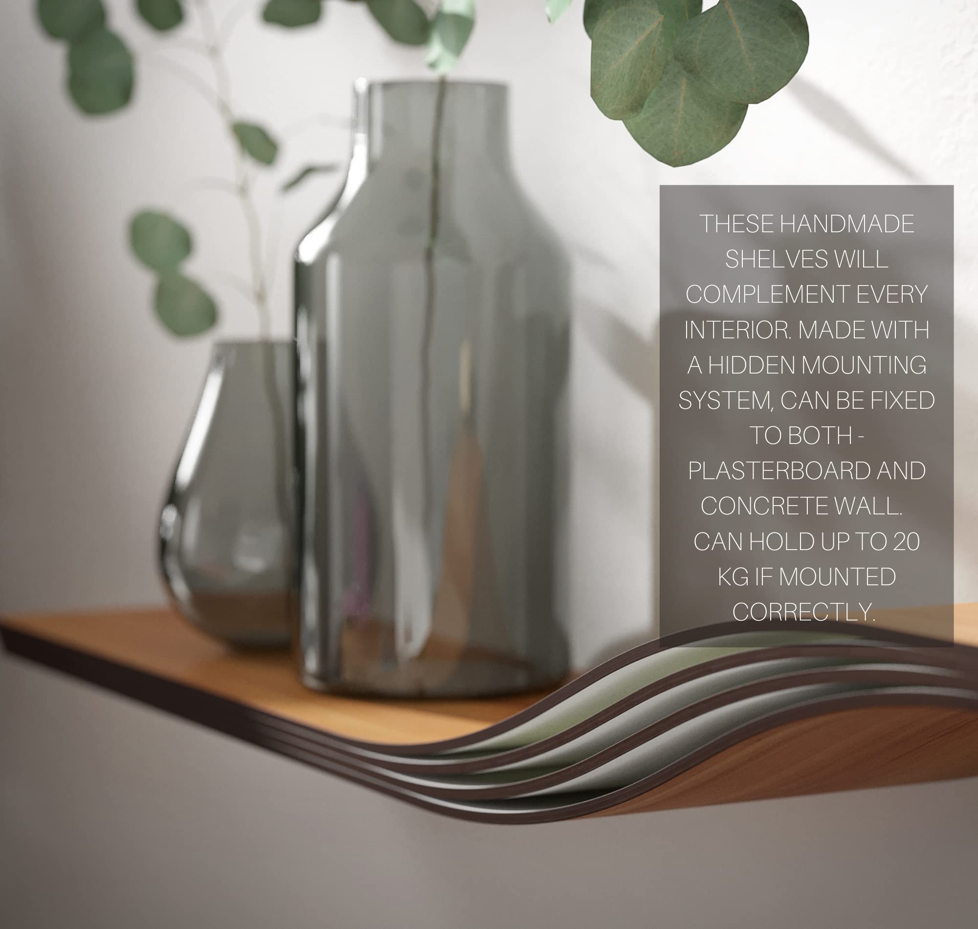 EWART WOODS 48 Inch Floating Wall Shelf - Natural Walnut Wood Hanging Bookshelf with Unique Curved Design for Living Room, Office, Bedroom - Perfect for Displaying Books, Decor & Plants