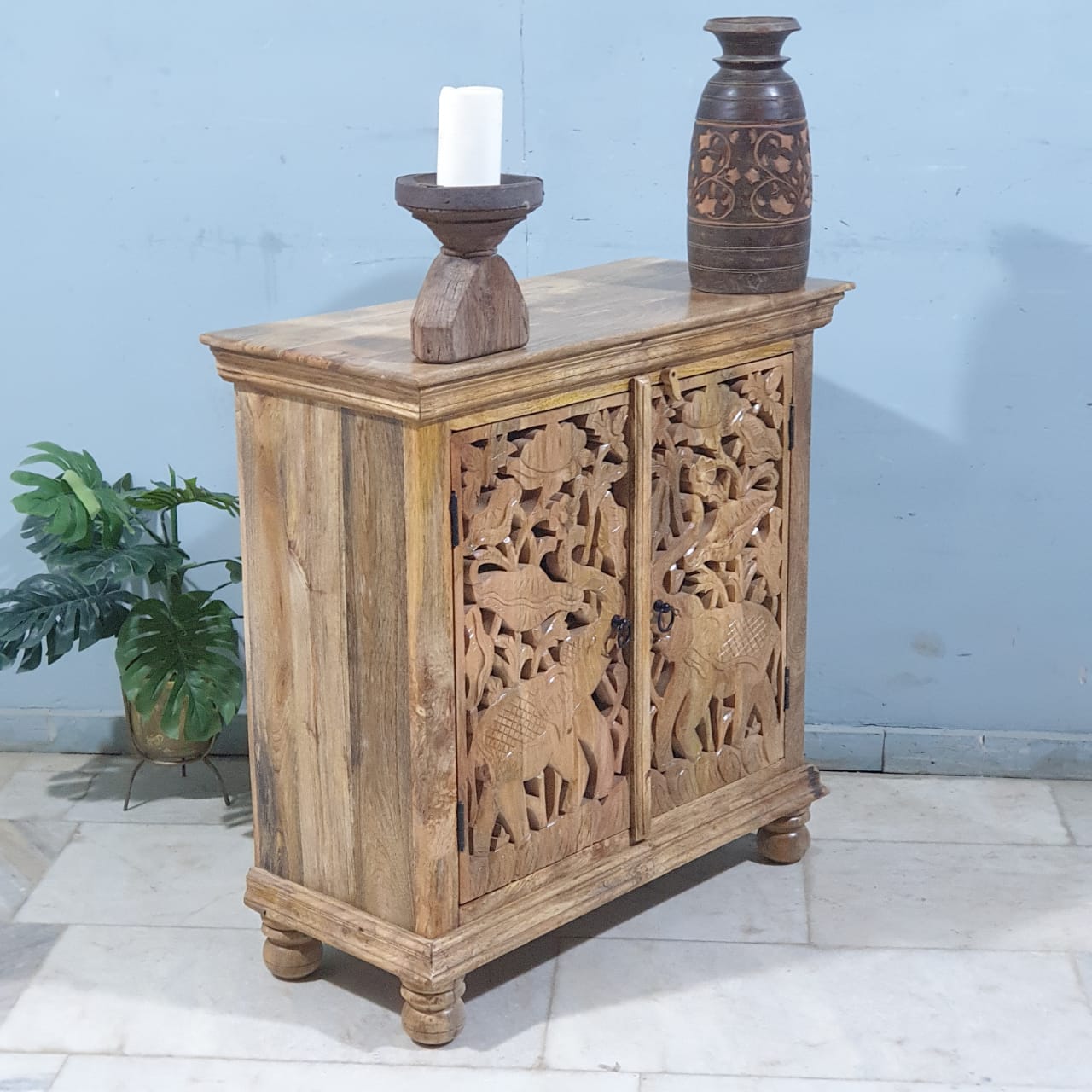 Handcrafted Elephant Carved Solid Wood Buffet Cabinet - 35.4x15.7x35.4 Inches Brown - Perfect for Dining Room Storage & Rustic Home Decor