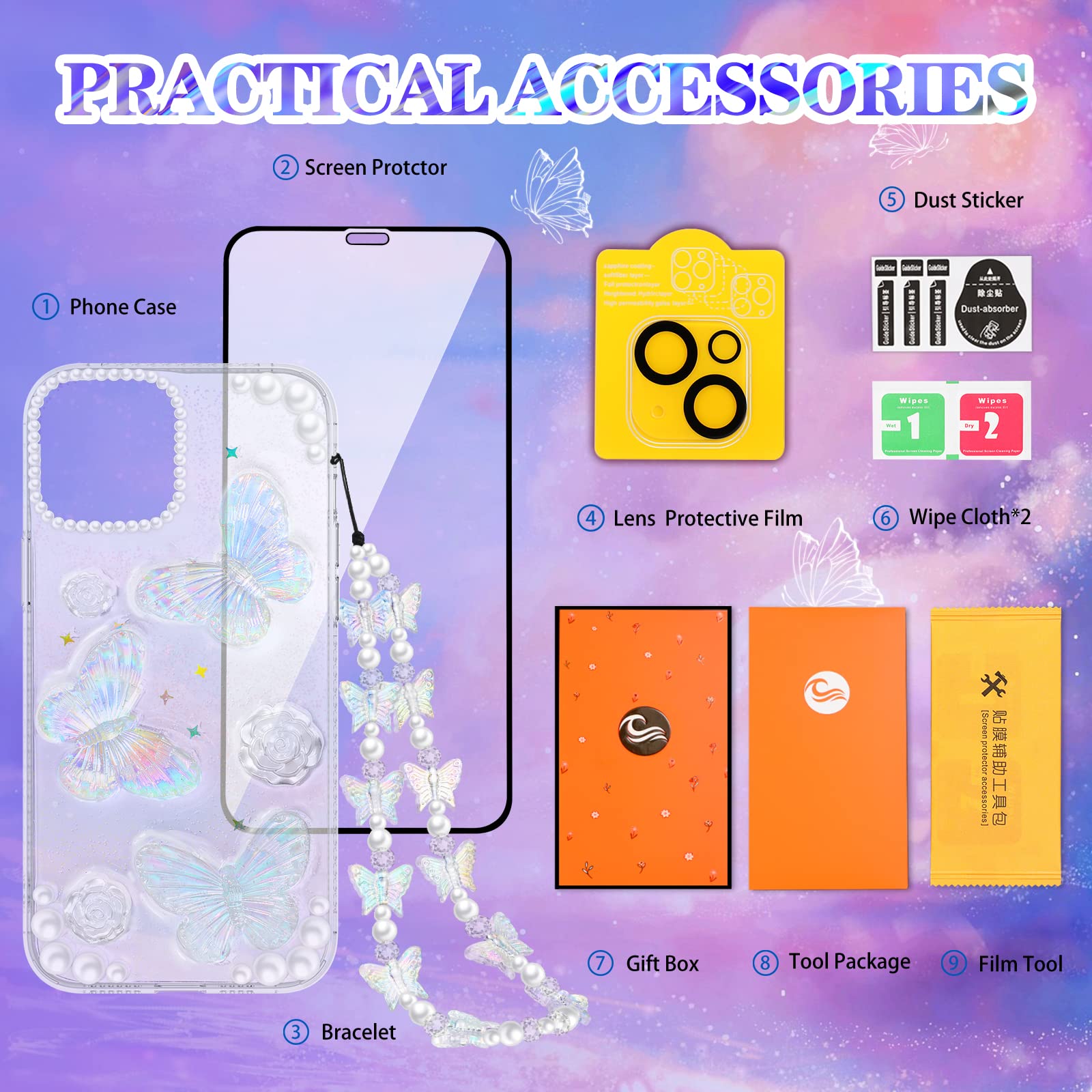 Goocrux 4-in-1 iPhone 13 Mini Case for Women - Glitter Butterfly Sequin Sparkle Clear Crystal Phone Cover with Chain, Camera Protector & Screen Protector | Cute Girly Design for Girls & Teens | Perfect for Parties, Daily Use & Gift Giving