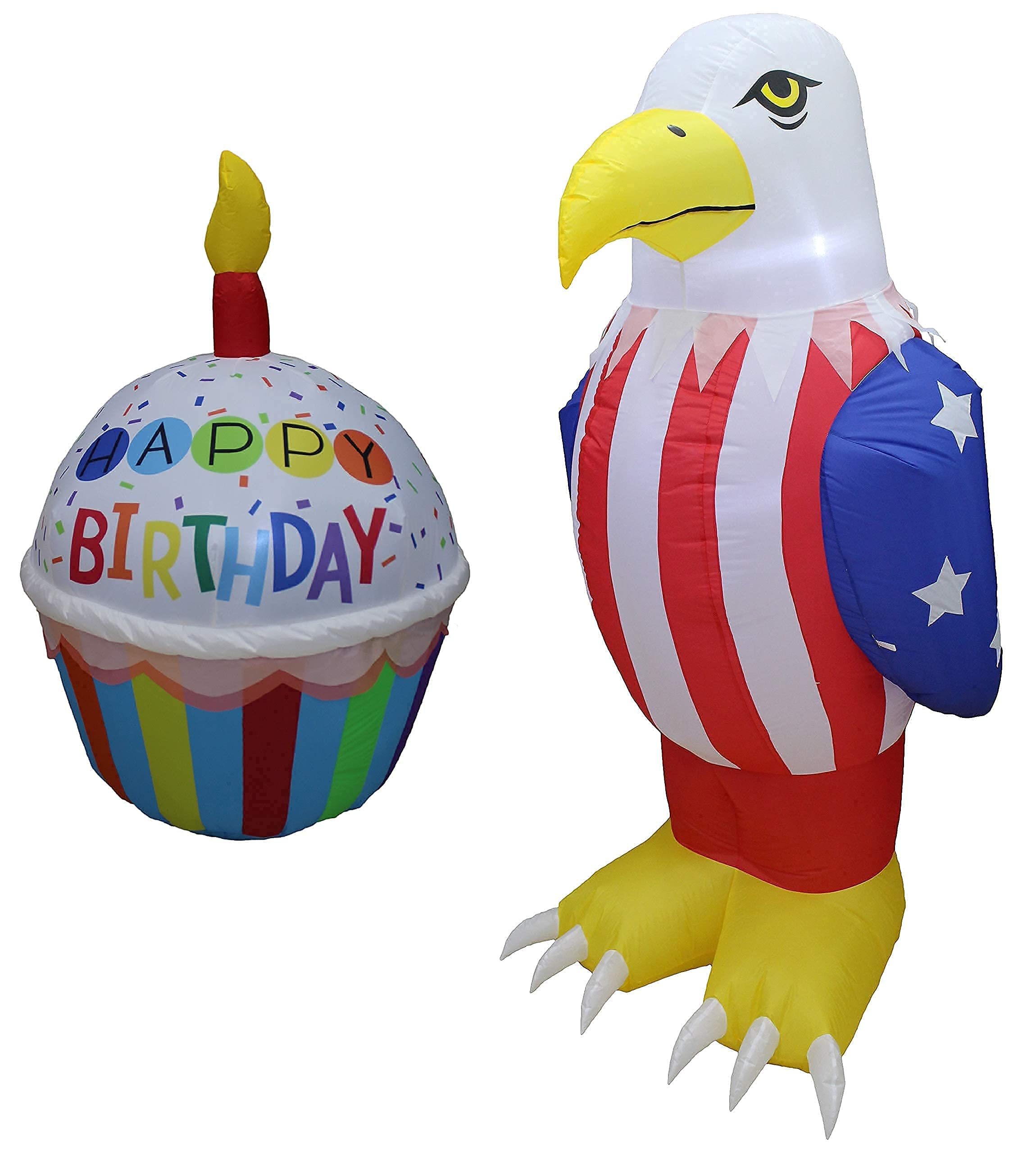 4ft Inflatable Happy Birthday Cupcake & 6ft Patriotic Inflatable Bald Eagle with Lights - 2-Piece Party Decorations Bundle for Birthday Celebrations and 4th of July Events - Perfect for Outdoor Decor, Backyard Parties, and National Holiday Festivities
