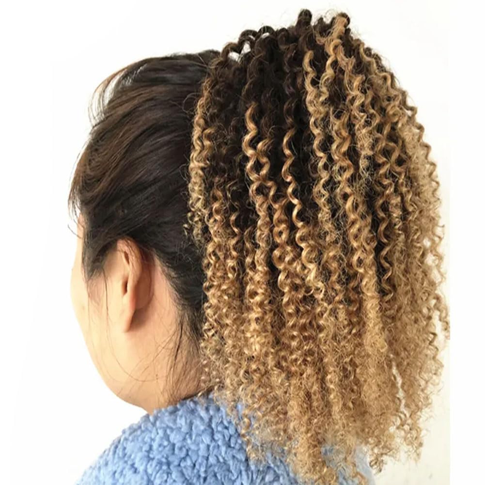 Two Tone 1B/27 Kinky Curly 4C Human Hair Ponytail Extension - 24 Inch 110g Natural Black to Honey Blonde Clip-in Drawstring Ponytail for Women | Perfect for Protective Styling, Parties & Everyday Wear