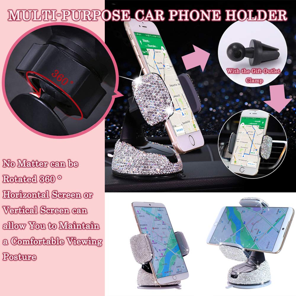 Sparkling Crystal Car Phone Holder Mount - 360° Adjustable Dashboard & Windshield Car Accessory for Women (Pink) | Perfect for Safe Driving & Stylish Commuting