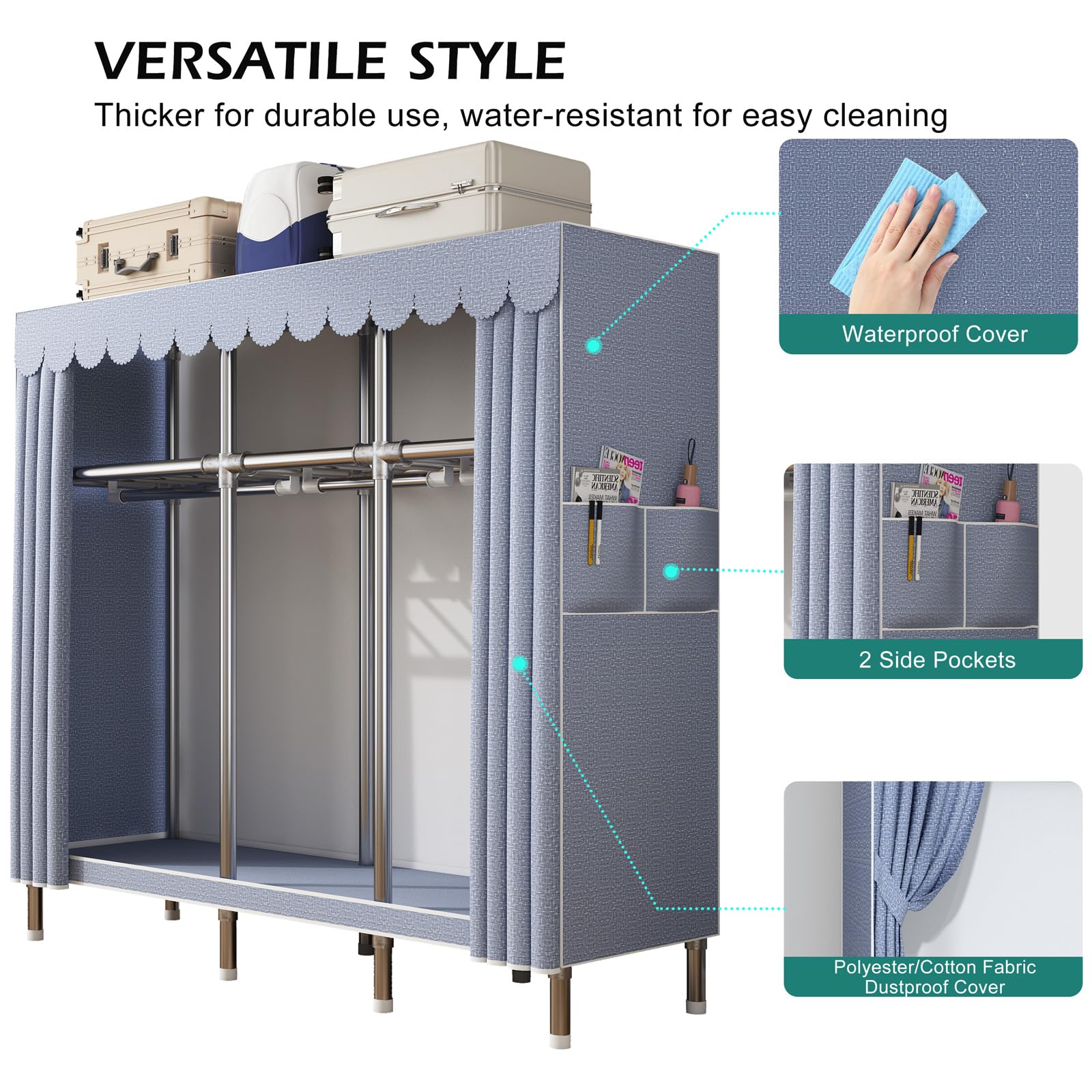 59 Inch Portable Wardrobe Closet - Heavy Duty Steel Hanging Rack with Polyester Cotton Fabric Cover - Moonlight Grey Storage Organizer for Bedroom, Closet, Dorm Room & Small Spaces