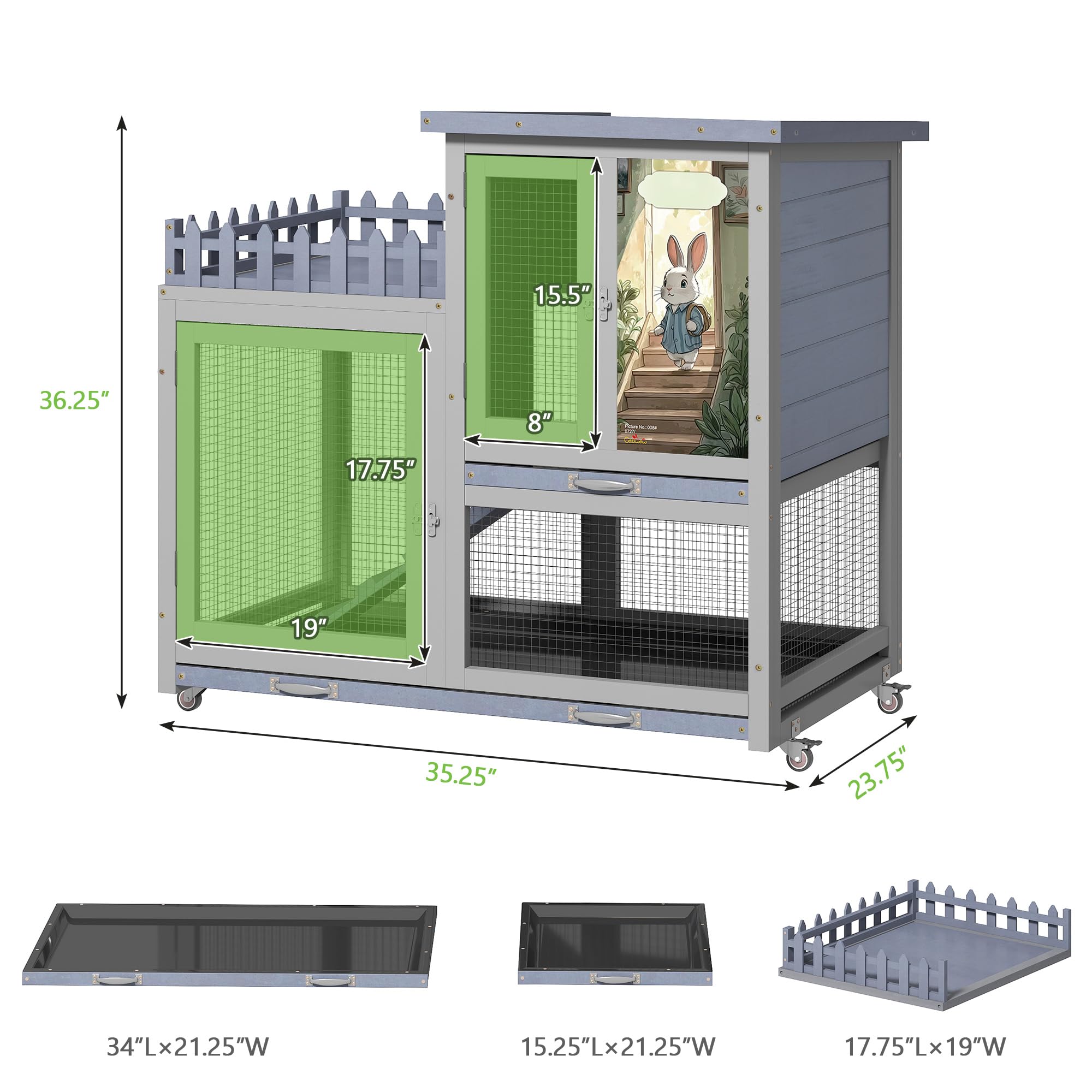 Premium Wooden Rabbit Hutch with Balcony - Indoor/Outdoor Bunny Cage on Wheels for Small Pets, Includes Ramp, Pull-Out Tray & Water Bottle (Grey Pattern) - Perfect for Backyard, Patio or Home Decor