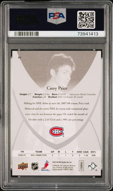 2007 Upper Deck Hockey Rookie Card #46 Carey Price RC PSA 10 Gem Mint - NHL Collectible Sports Memorabilia for Display & Investment