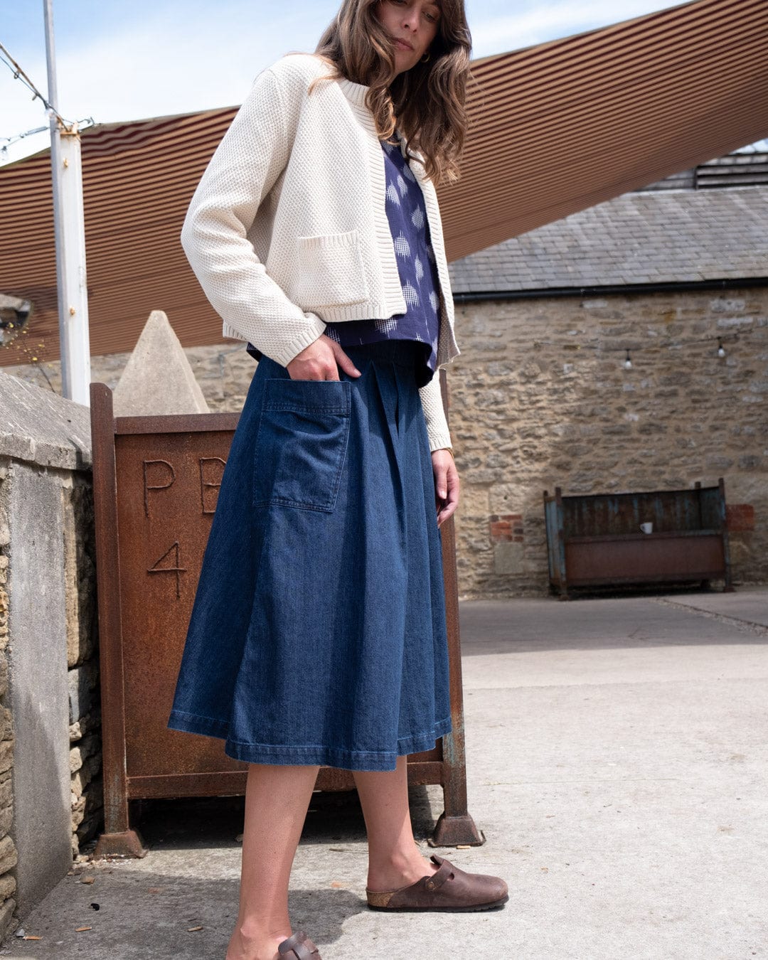 Elsie Women's Cotton Midi Skirt - Blue Denim A-Line Skirt for Casual Wear, Office & Summer Outfits | Comfortable Stretch Waist Skirt