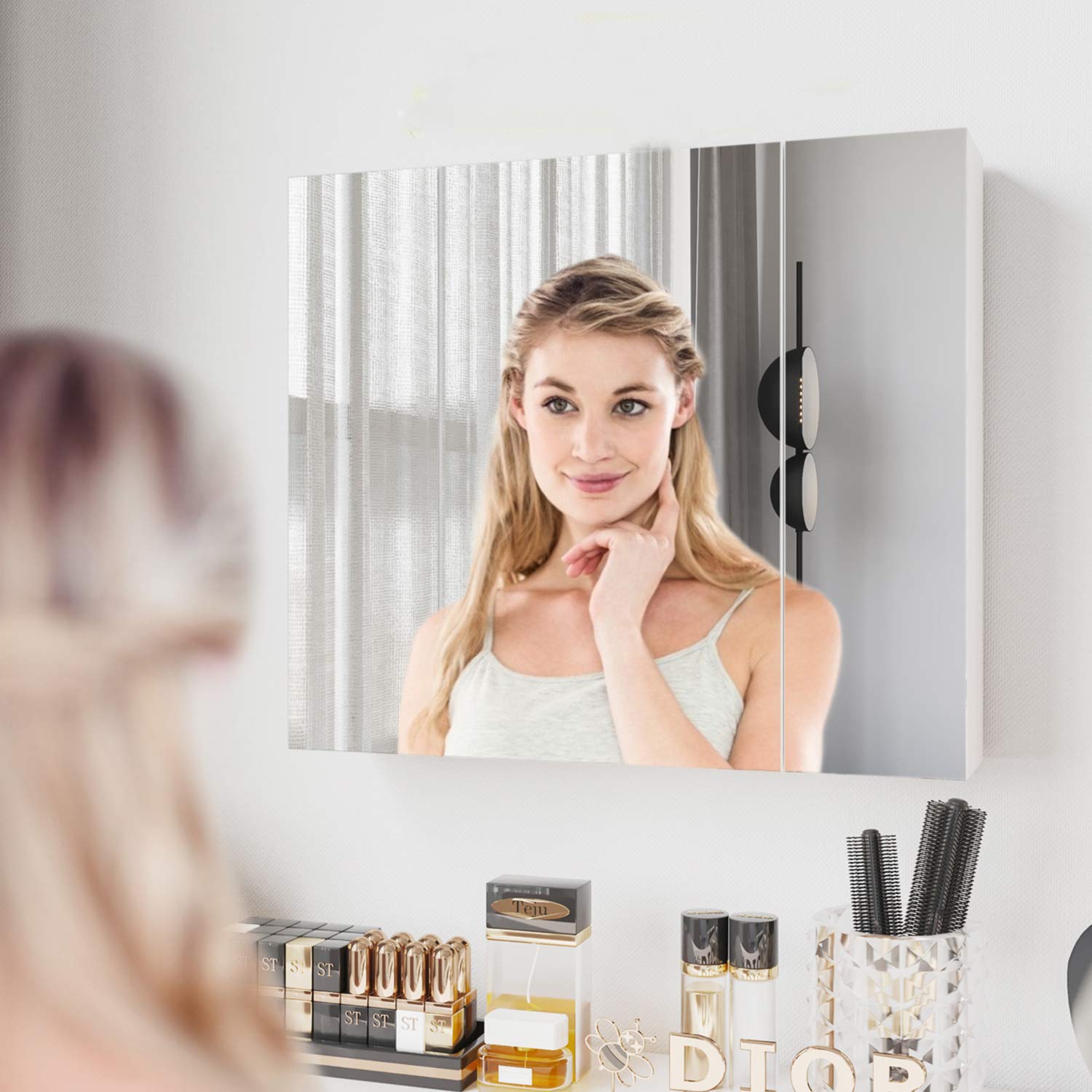 DICTAC 3-Door Medicine Cabinet with Mirror - 27.6x23.62 Inch Bathroom Wall Storage Organizer, Adjustable Shelves, White - Perfect for Bathroom, Bedroom & Vanity Organization