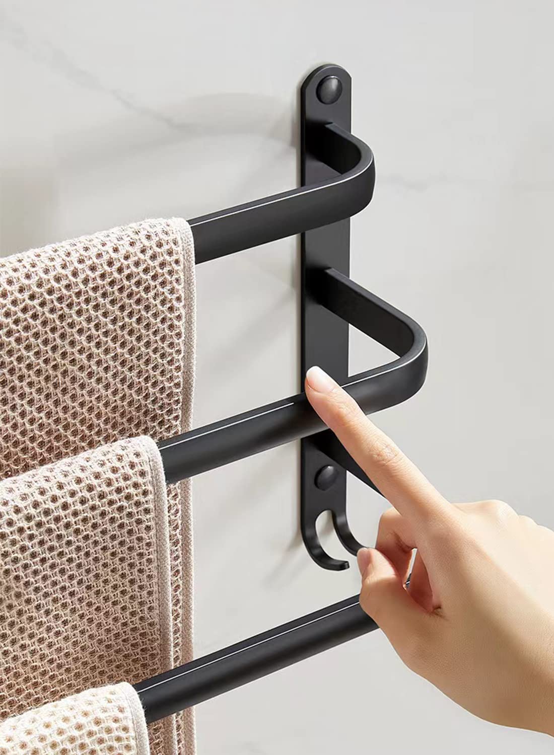 60cm No Drill Black Wall Mounted Towel Rail - Bathroom & Kitchen Towel Holder for Hand, Dish & Bath Towels - Space Saving Bathroom Accessory Set for Small Spaces