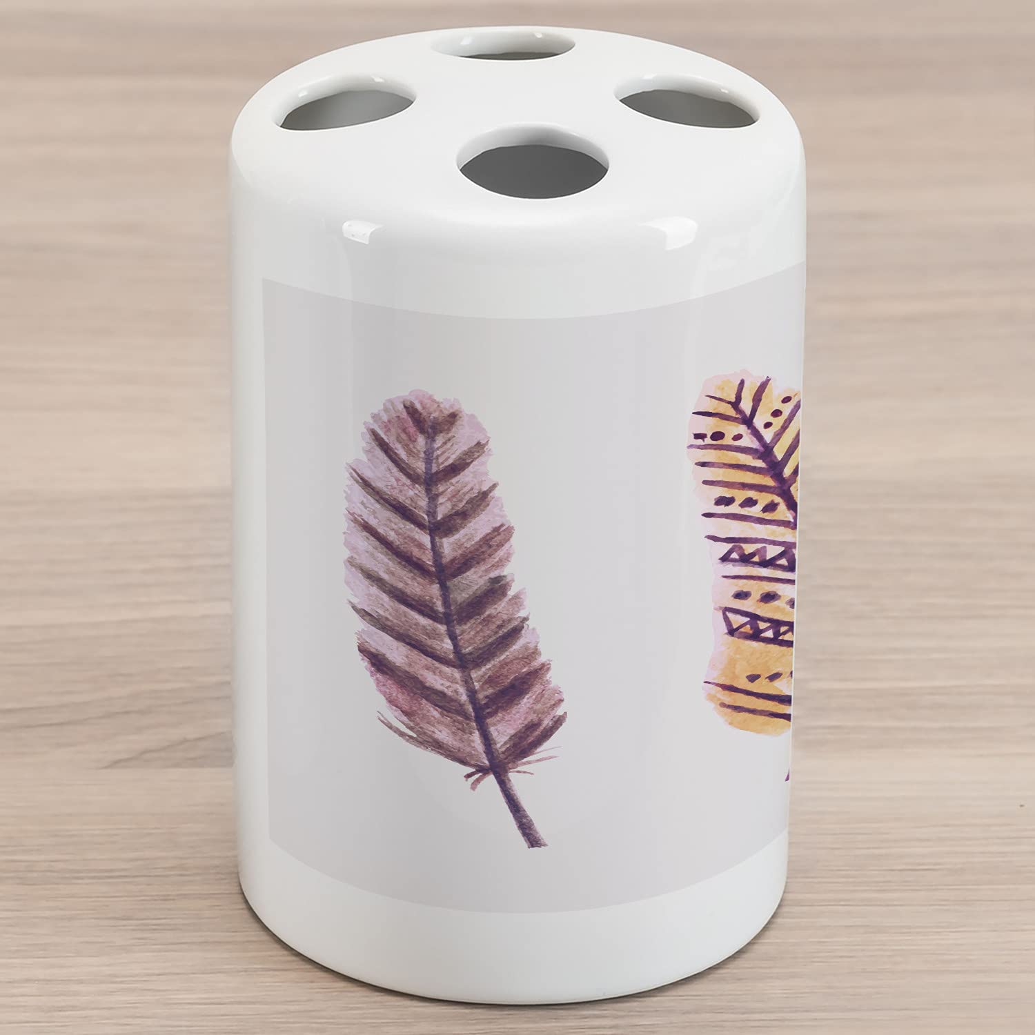 Ambesonne Bohemian Feather Ceramic Toothbrush Holder - Hand Painted Watercolor Design, Colorful Abstract Plumes Bathroom Decor, 4.5