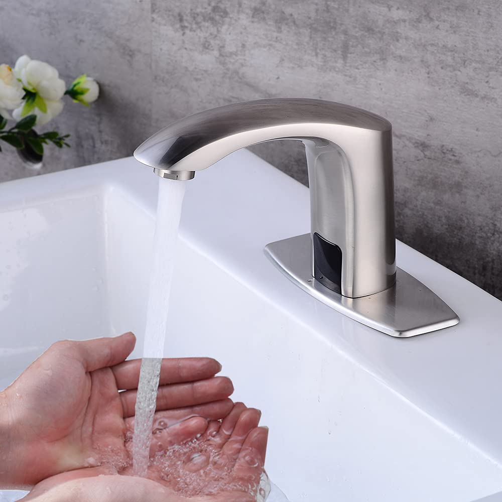 Hands Free Automatic Motion Sensor Bathroom Faucet - Touchless Bathroom Sink Faucet with Mixing Valve & Cover Plate, Brushed Nickel - Ideal for Home, Office & Public Restrooms