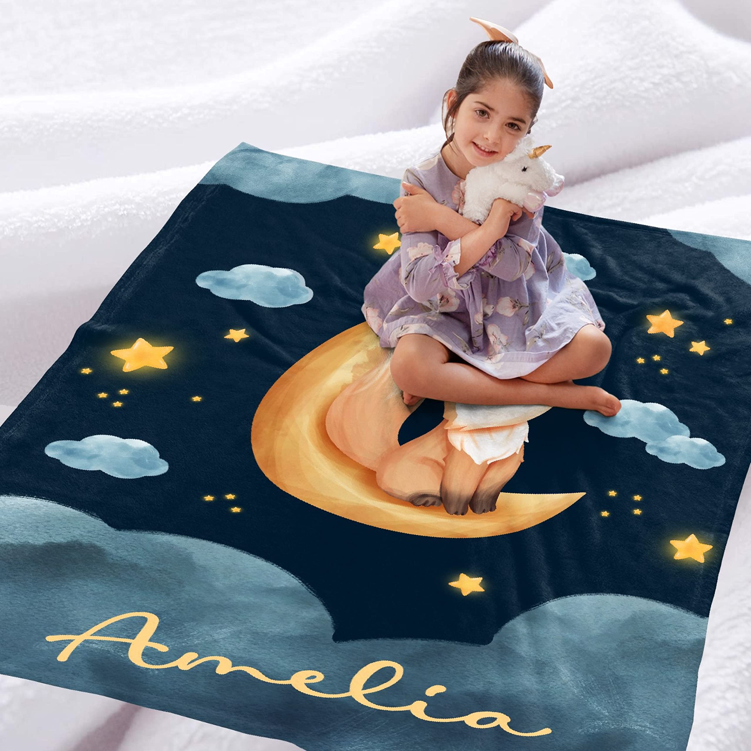 Personalized Moon Fox Baby Blanket with Name - Custom Animal Throw Blanket for Boys & Kids (120