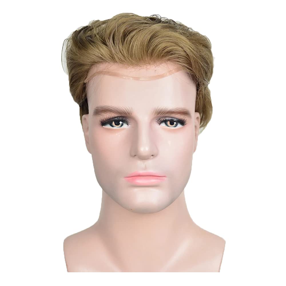 Premium 8x10 Inches Men's Hair Toupee - Soft Thin Skin Human Hair System with PU Base & Front Lace | Natural Single Knot #8 Light Blonde | Daily Wear Replacement Hairpiece for Thinning Hair & Baldness | Perfect for Work, Dating & Special Occasions