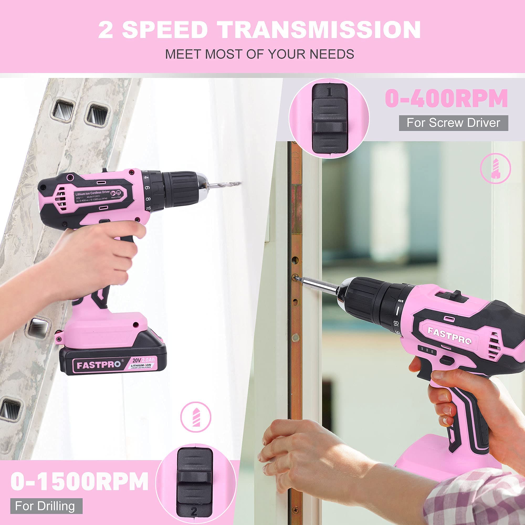 FASTPRO 220-Piece Pink Tool Set for Women - Home Repair Tool Kit with 20V Cordless Lithium-Ion Drill Driver - Perfect for DIY Projects, Household Repairs & Crafting