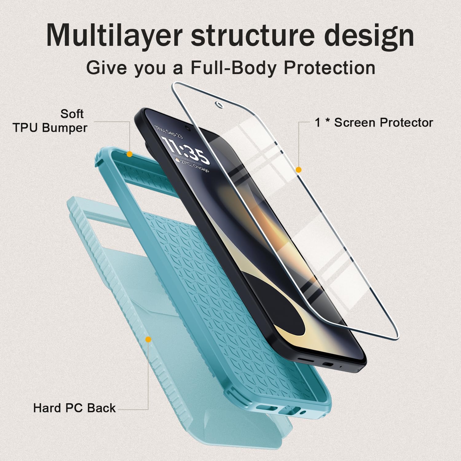 Google Pixel 9 Pro Protective Case with Built-in Camera Slide & Tempered Glass Screen Protector - Shockproof Cover for Photography & Daily Use