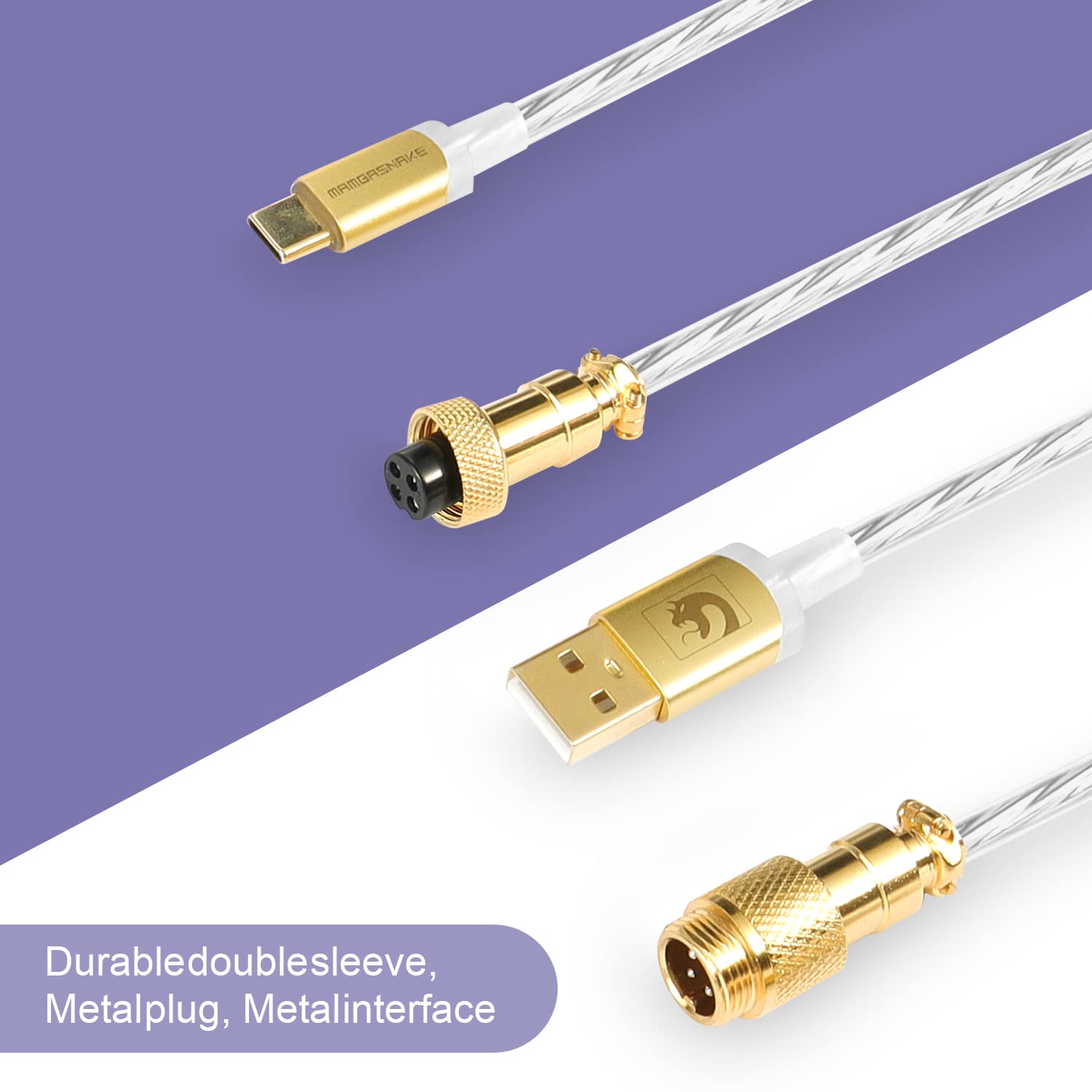 XINMENG C02 Coiled USB-C Keyboard Cable - Detachable Aviator Connector for Gaming Keyboard & Laptop - Clear