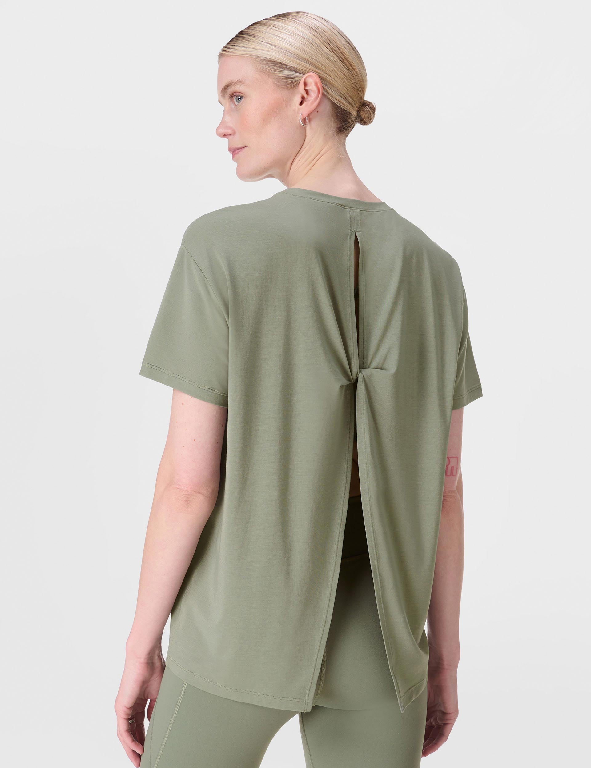 Soft Flow Studio Wrap Back T-Shirt for Women - Comfortable Willow Green Tee | Perfect for Yoga, Casual Wear & Everyday Outfits