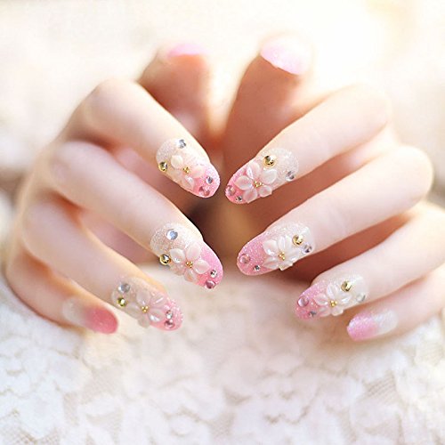 24PCS Glitter Pink Flower False Nails with Rhinestones - Full Cover Artificial Nail Tips with Glue for Manicure & Party, Wedding, Date Night, Special Occasions