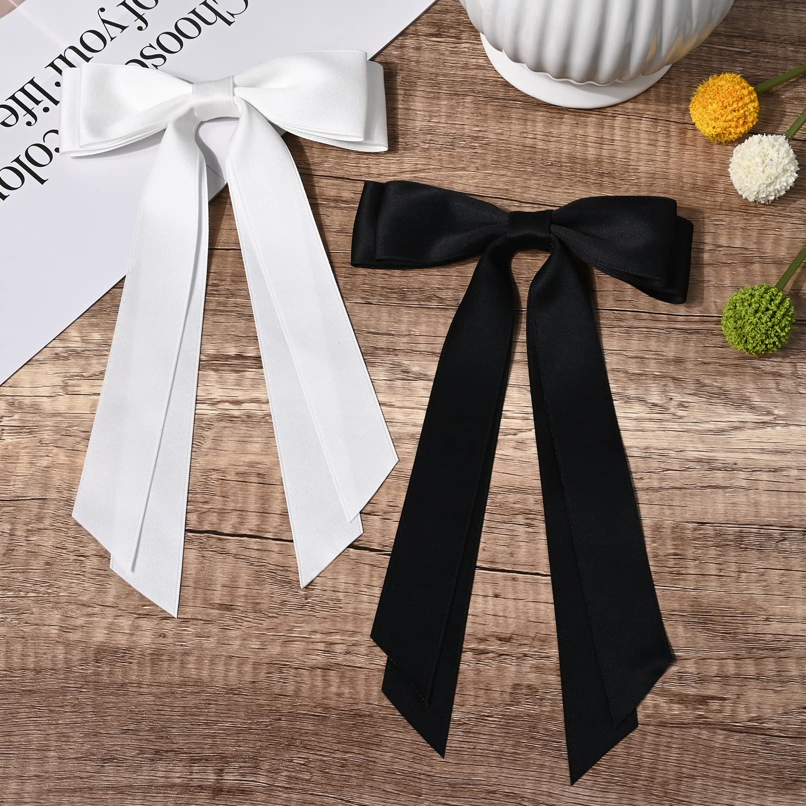 2PCS Silky Satin Hair Bows - Black & White Hair Clips with Metal Slides | Ponytail Holder Ribbon Accessories for Women, Girls, Toddlers & Teens | Perfect for School, Parties, Weddings & Everyday Wear