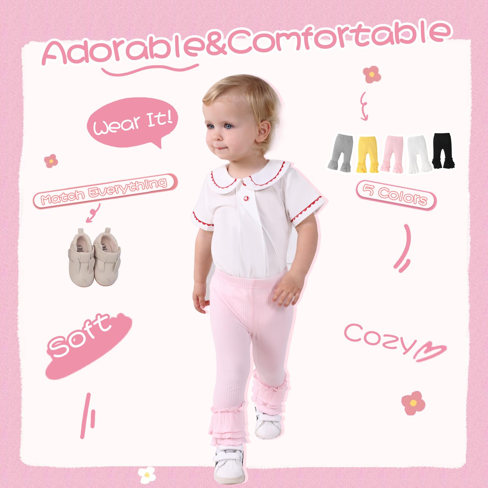 Newborn Baby Girl Pants Leggings - Ribbed Straight Flare Bell Bottoms 5-Pack | Soft Cotton Infant Toddler Leggings for Playtime, Daycare & Photo Shoots