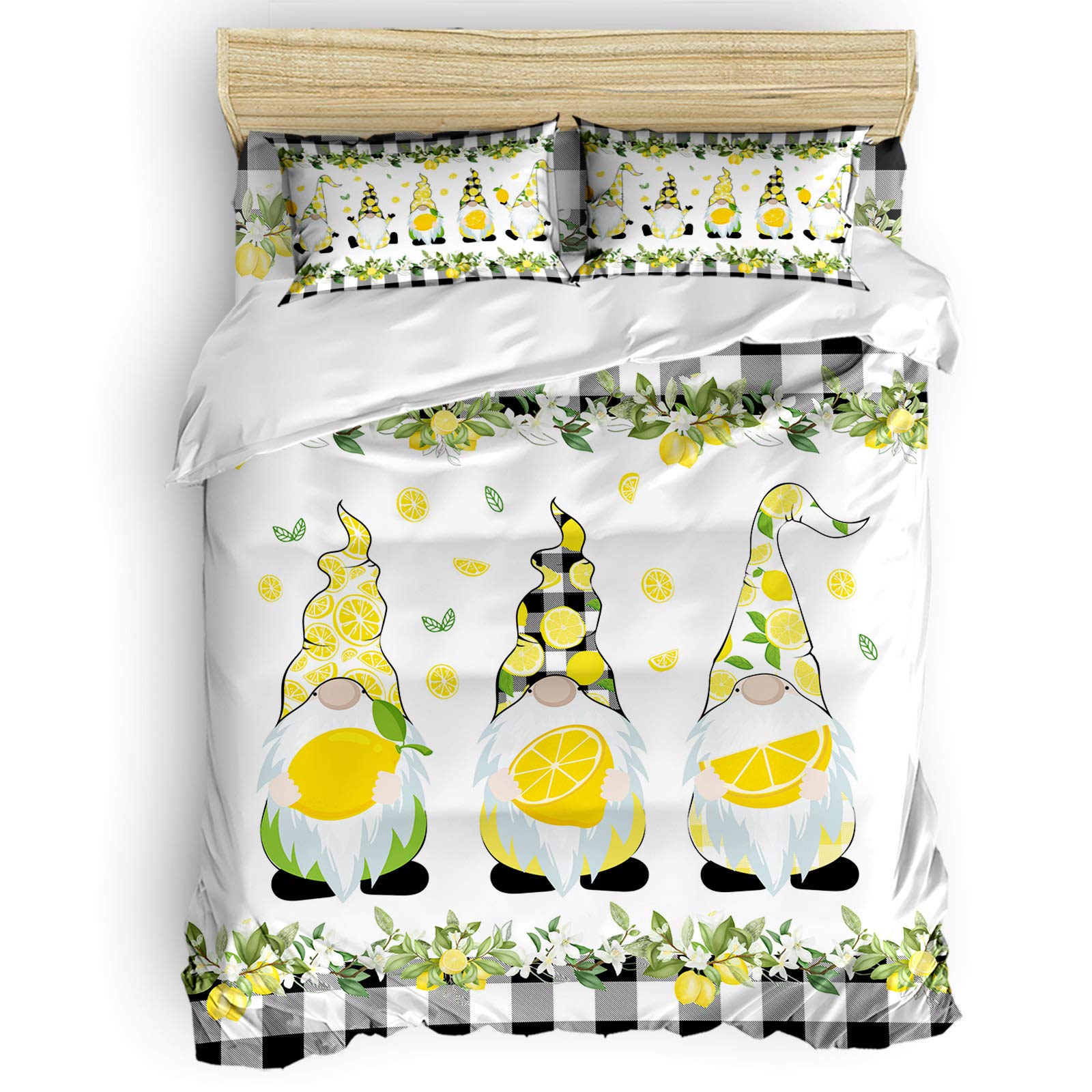 Lemon Gnomes Duvet Cover Set - 4 Piece Microfiber Bedding with Corner Ties, 2 Pillowcases & Fitted Sheet for Twin Size Bed - Yellow Fruit Black White Checkered Pattern - Perfect for Kids' Room, Dormitory or Summer Themed Bedroom Decor