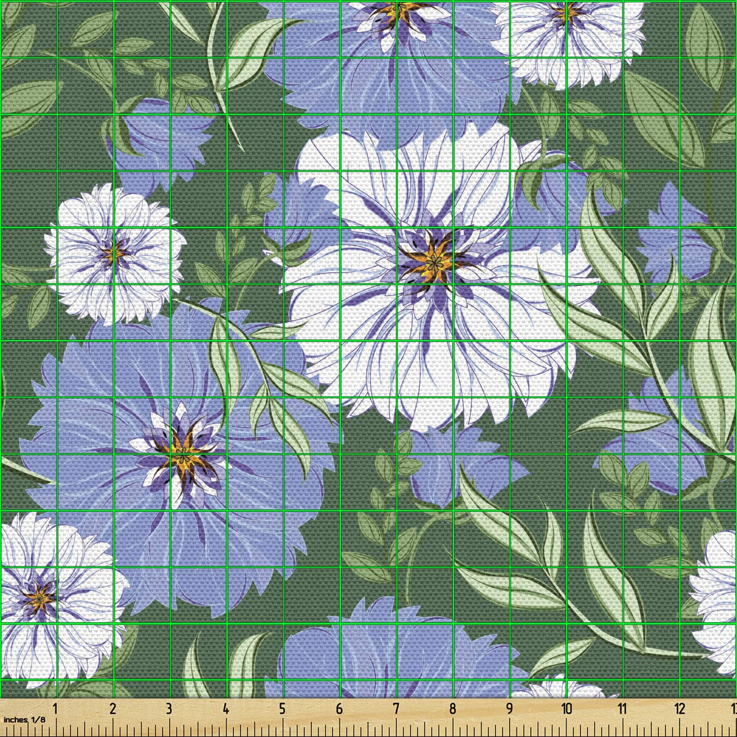 Ambesonne Floral Fabric by The Yard - Ceil Blue & White Meadow Flowers with Fern Green Leaves | Spring Garden Decorative Fabric for Upholstery, DIY Home Decor, Curtains & Table Runners | Perfect for Living Room, Bedroom & Craft Projects
