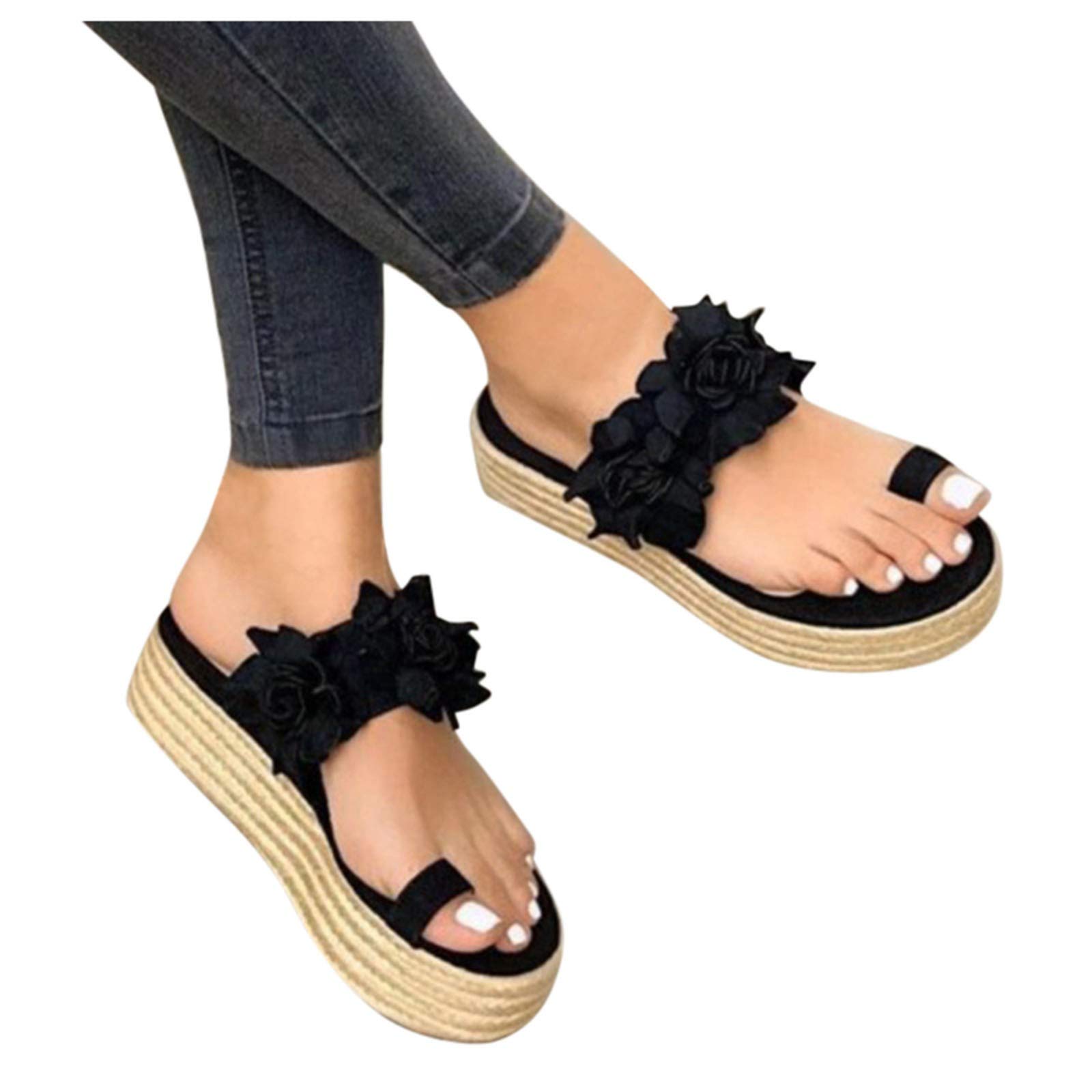 Women's Summer Platform Sandals - Casual Barefoot Flower Slip-On Slippers for Daily Wear | Comfortable Black Sandals for Beach, Home & Outdoor Use