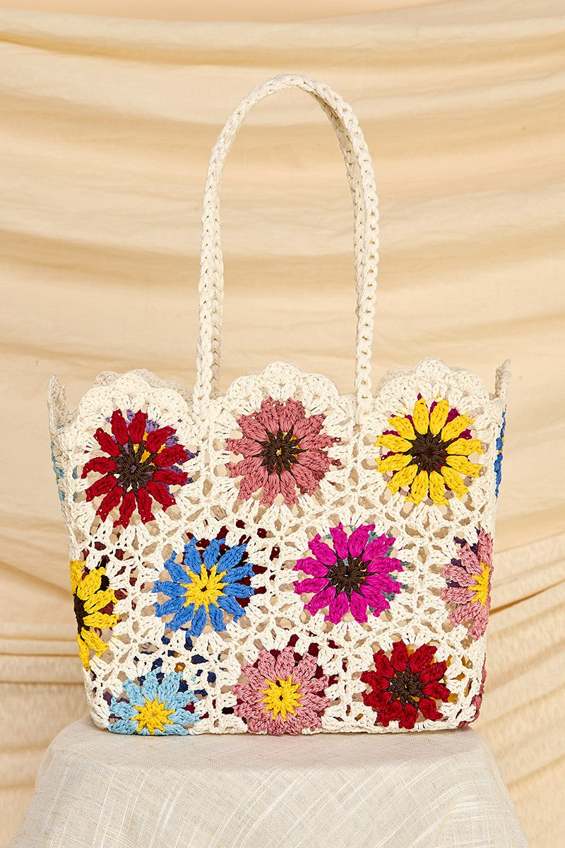 Handmade Crochet Flower Basket Tote Bag - Stylish Boho Beach Bag for Women - Perfect for Shopping, Picnics, and Summer Outings