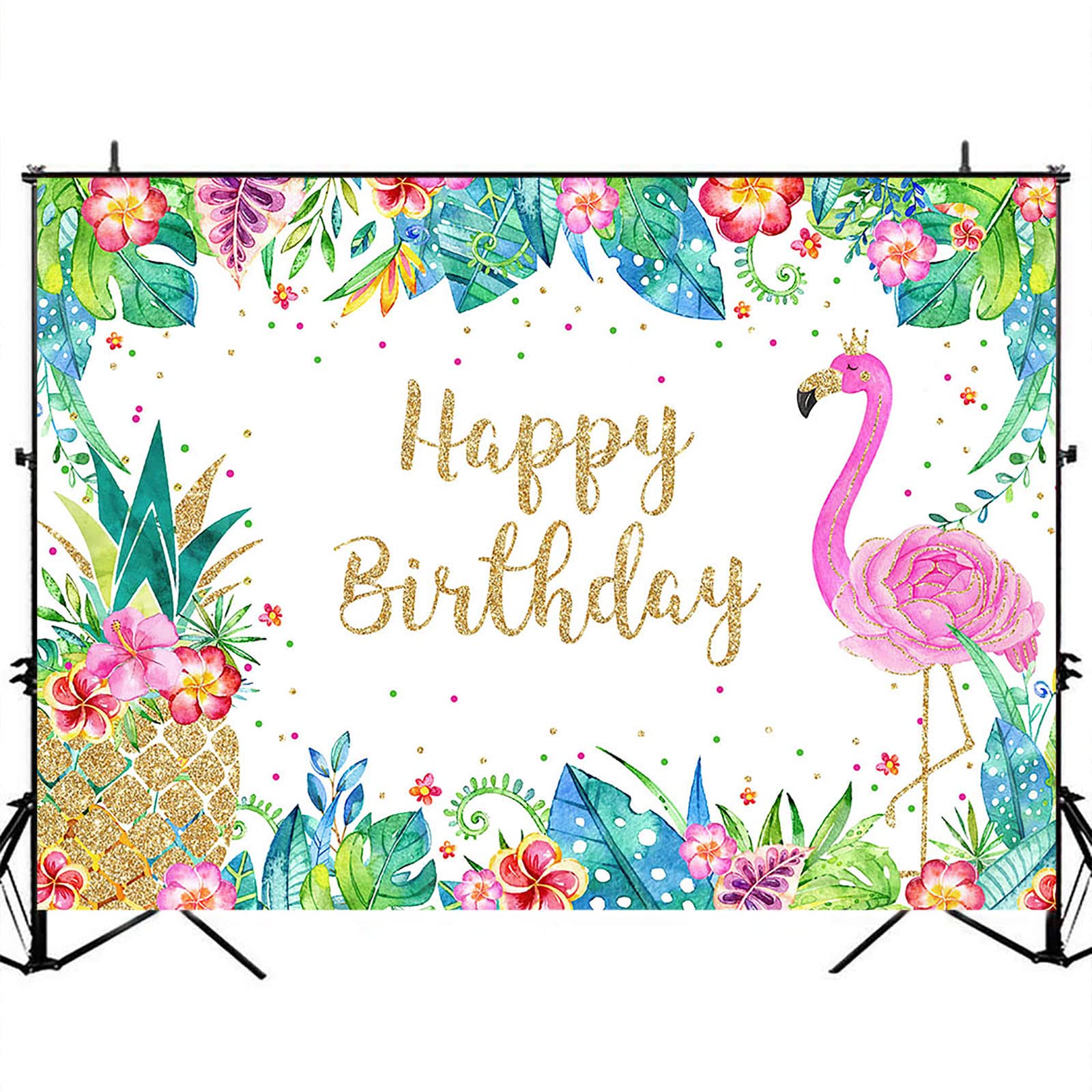 Tropical Flamingo Birthday Backdrop - 7x5ft Pink Flamingo & Gold Pineapple Hawaiian Luau Party Decor for Summer Beach, Aloha Theme Photoshoot Props - Perfect for Birthday Parties, Baby Showers & Tropical Events