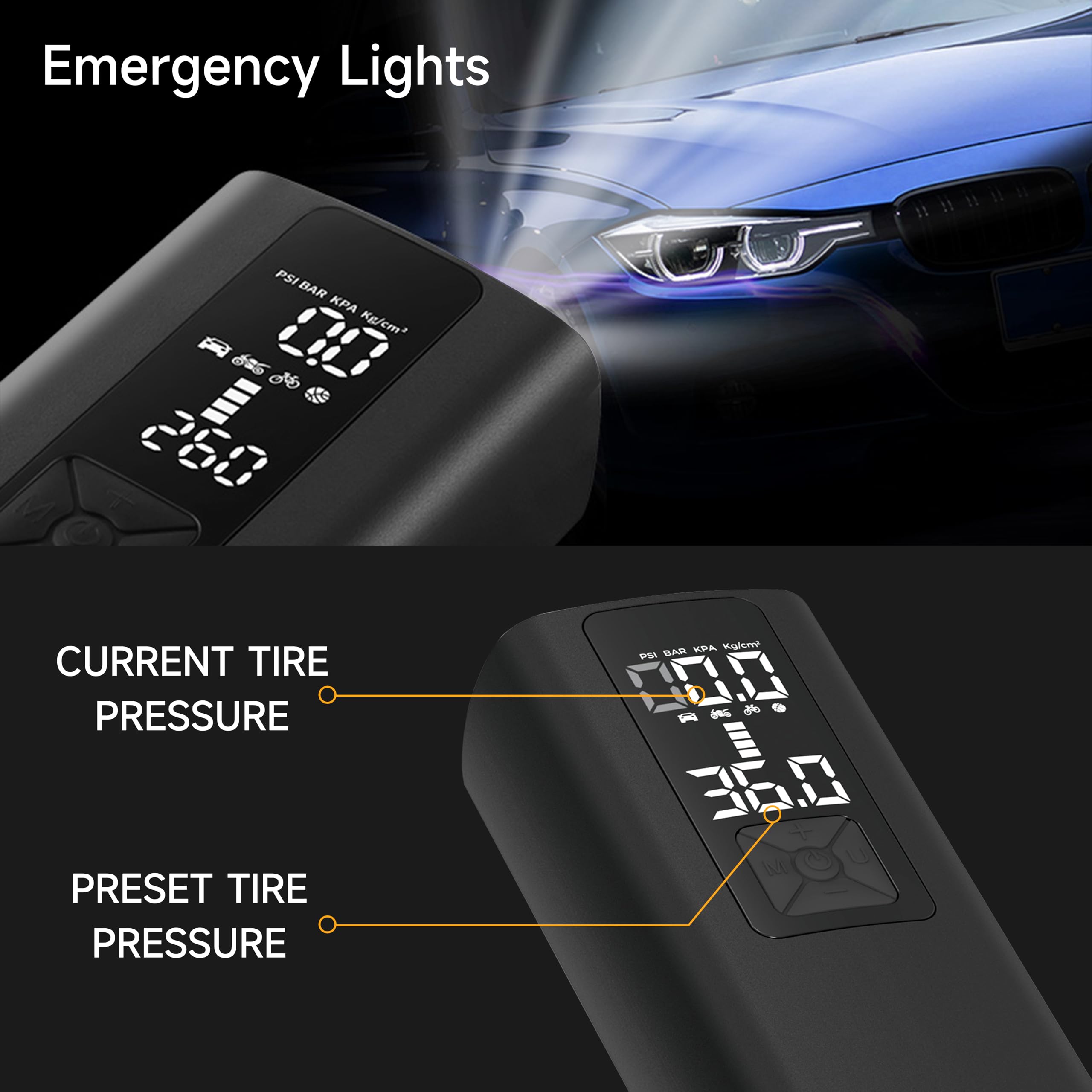 Portable Air Compressor for Car Tires - Digital Tire Inflator with Pressure Gauge, Fast 4X Inflation, Rechargeable Battery - Perfect for Cars, Motorcycles, Bikes, Sports Balls & Emergency Use (Includes LED Light & Power Bank Function)