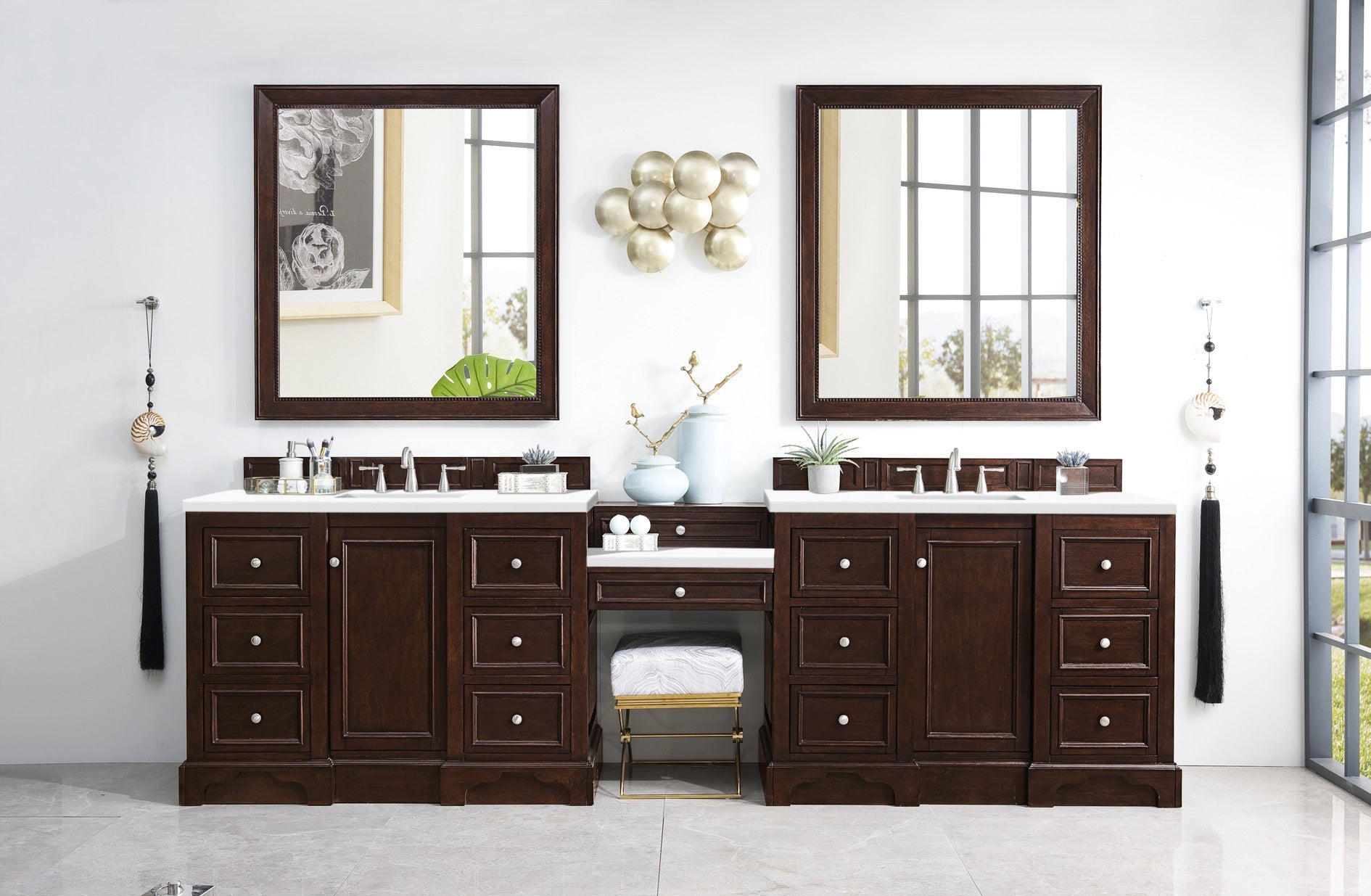 De Soto 118 Double Vanity Set with Makeup Table - Burnished Mahogany Finish & 3CM Classic White Quartz Top | Bathroom Vanity for Master Bath & Powder Room Remodel