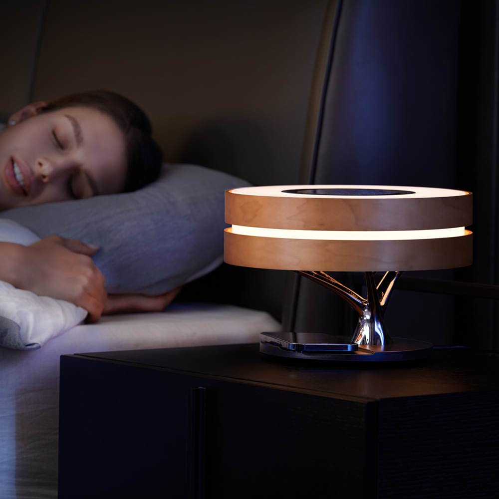 Modern LED Bedside Smart Table Lamp with Built-in TWS Bluetooth Speaker & Qi Wireless Charger - Stepless Dimming, Sleep Mode - Perfect for Bedroom, Office, and Nightstand Use (Circle of Light Design)