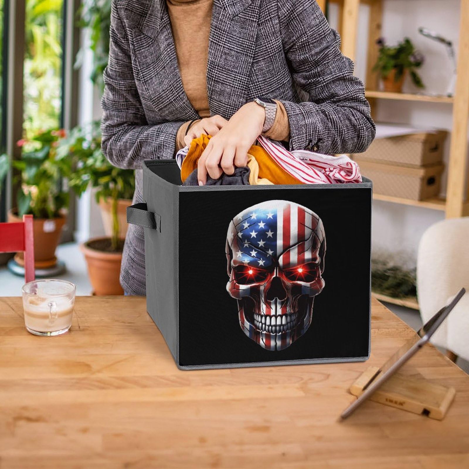 6-Pack Foldable Storage Cubes with Handles - American Flag Skull Design Square Organizer Bins for Closet, Office, or Kids Room Organization