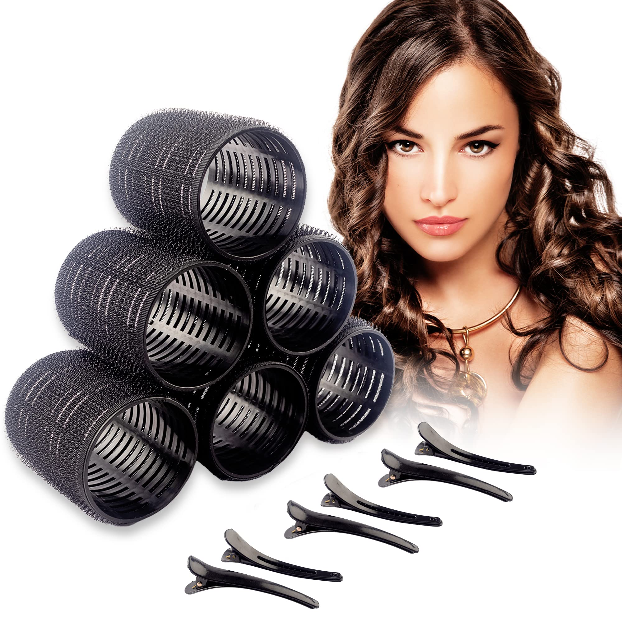 6PCS 50mm No Heat Hair Rollers with Clips - Black Velcro Rollers Set for Long, Medium & Short Hair - Includes Hair Ties, Braider & Comb - Perfect for Creating Volume, Curls & Bangs - Great for Home Styling, Salon Use & Special Occasions