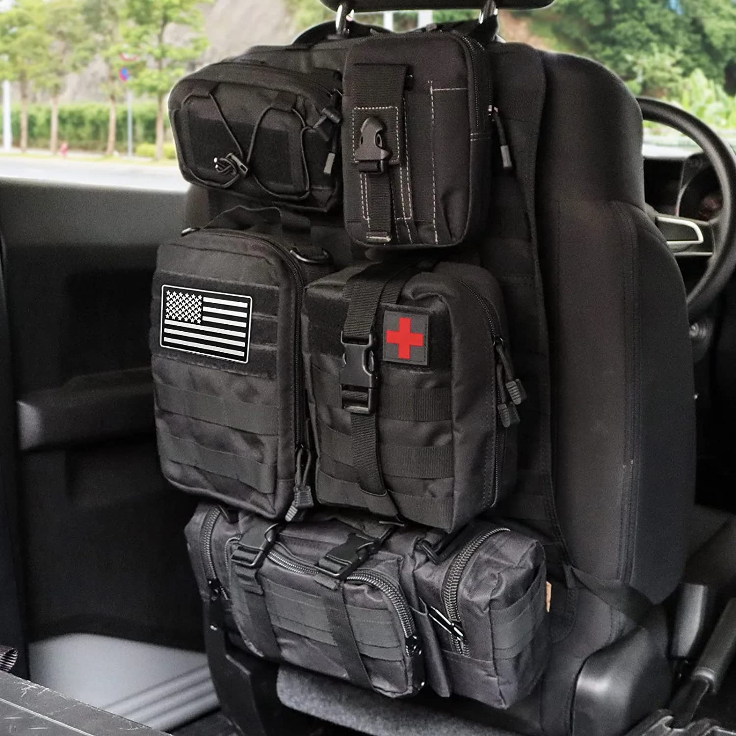 MAIKER Tactical Car Seat Back Organizer - 5 Detachable MOLLE Pouch Vehicle Organizer with Storage Pockets, Universal Fit for SUV, Truck & Jeep (Black) - Perfect for Road Trips, Camping & Outdoor Adventures